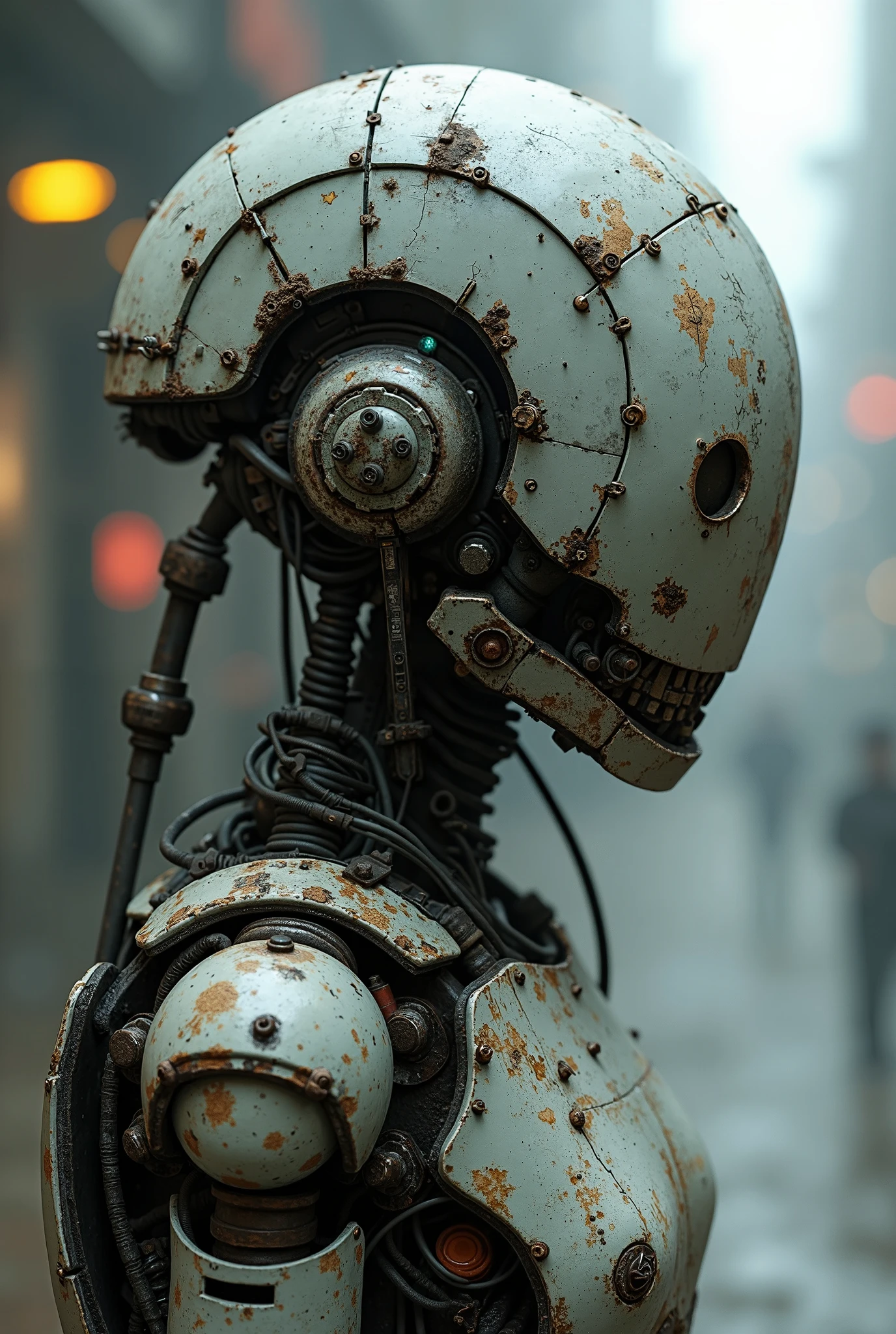 A complex gray robot with scratches, echo, complicated wires, very fine details, blurry background, focus on the robot, 