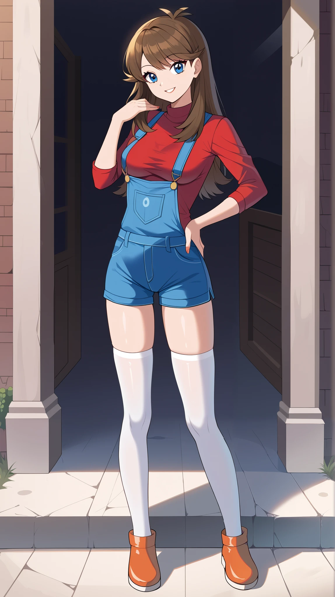 bare hands, no gloves ,Orange brown hair,  long hair,  blue eyes, red long sleeve shirt , blue shorts overalls, white knee-high stockings reflective on glass floors,  absolute domain, Ample breasts,  Tall,  watch viewers, 1 Female, Age 18,  standing, Three idiot hairs , whole body, Place one hand on hip,  slim figure,  sexy smile,  Seductive Smile , Orange shoes,  with bangs,  score_9,  score_8_Excellent,  score_7_Excellent,  score_6_Excellent,  top quality,  source_Anime,  cell shading ,  flat color, vector,  detailed background, town, building,  break 1 girl , Alone, (\ Pokemon\), Outdoor,