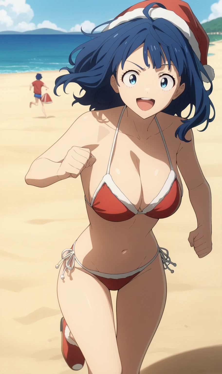 yanamianna, medium hair, blue hair, blue eyes, large breasts, bikini, santa bikini, santa hat, santa’s beard, Santa's sack, smile, running, from front, beach, masterpiece, best quality, high resolution, ultra-detailed, detailed background, anime,