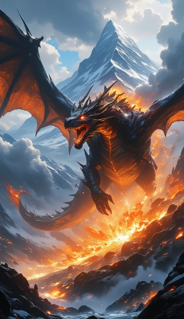 Volcanic Eruption、Fire Dragon takes off 、Fire dragon taking off from the crater、 A very high mountain erupts、