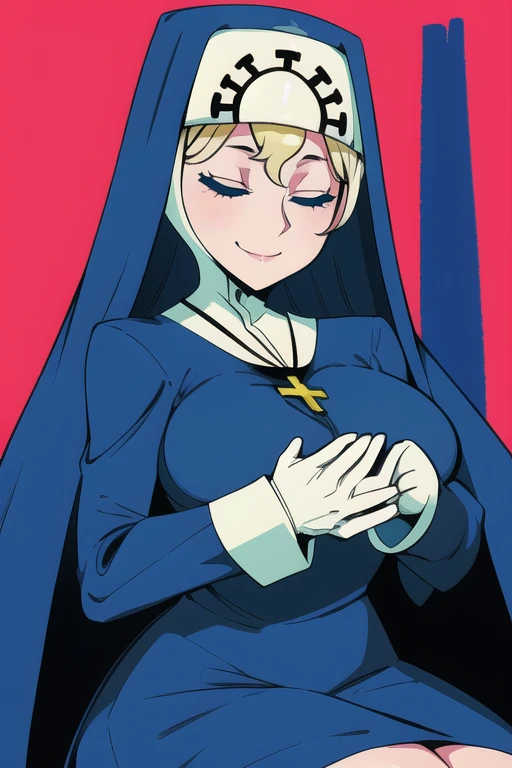 Double, short blonde hair, nun uniform, medium breasts, solo, 1girl, smiling, cowboy shot, closed eyes, 
 blue habit, cross necklace ,white gloves, long sleeves, nun, long skirt,
(insanely detailed, beautiful detailed face,beautiful detailed eyes, masterpiece, best quality), sexy pose, sitting down 