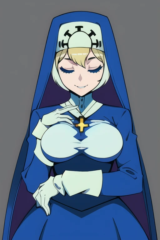 Double, short blonde hair, nun uniform, medium breasts, solo, 1girl, smiling, cowboy shot, closed eyes, 
 blue habit, cross necklace ,white gloves, long sleeves, nun, long skirt, skirt touch the ground,
(insanely detailed, beautiful detailed face,beautiful detailed eyes, masterpiece, best quality), sexy pose, leaning back 