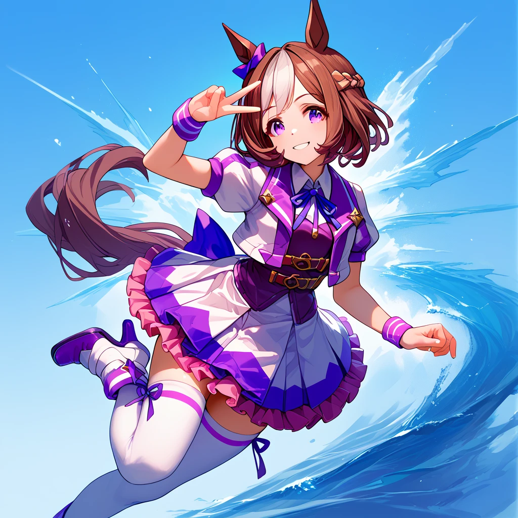 best quality, absurdres, masterpiece, 
special week \(umamusume\), 
smiling, making a V sign, ear bow, purple bow, puffy short sleeves, neck ribbon, blue ribbon, cropped jacket, white jacket, two-tone jacket, collared shirt, white shirt, purple vest, wristband, wrist cuffs, white skirt, pleated skirt, two-tone skirt, frilled skirt, frills, zettai ryouiki, white thighhighs, white footwear, purple footwear, asymmetrical footwear, mismatched footwear, high heels,