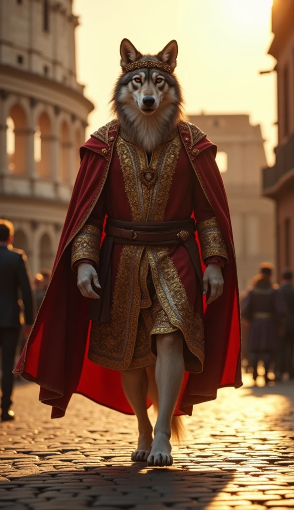 Italy (Wolf):
"Create a cinematic, full-body image of Italy as an anthropomorphic wolf, wearing Renaissance-inspired royal attire, including a flowing doublet embroidered with gold and a laurel crown. The wolf strides confidently toward the camera in the heart of Rome, with the Colosseum in the background and the cobblestone streets bathed in warm sunset hues. The lighting highlights the wolf's noble features and the elegance of its attire."