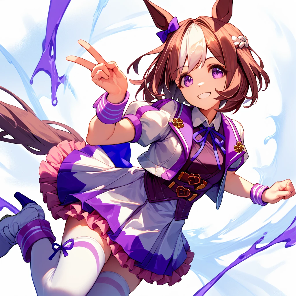 best quality, absurdres, masterpiece, 
special week \(umamusume\), 
smiling, making a V sign, ear bow, purple bow, puffy short sleeves, neck ribbon, blue ribbon, cropped jacket, white jacket, two-tone jacket, collared shirt, white shirt, purple vest, wristband, wrist cuffs, white skirt, pleated skirt, two-tone skirt, frilled skirt, frills, zettai ryouiki, white thighhighs, white footwear, purple footwear, asymmetrical footwear, mismatched footwear, high heels,