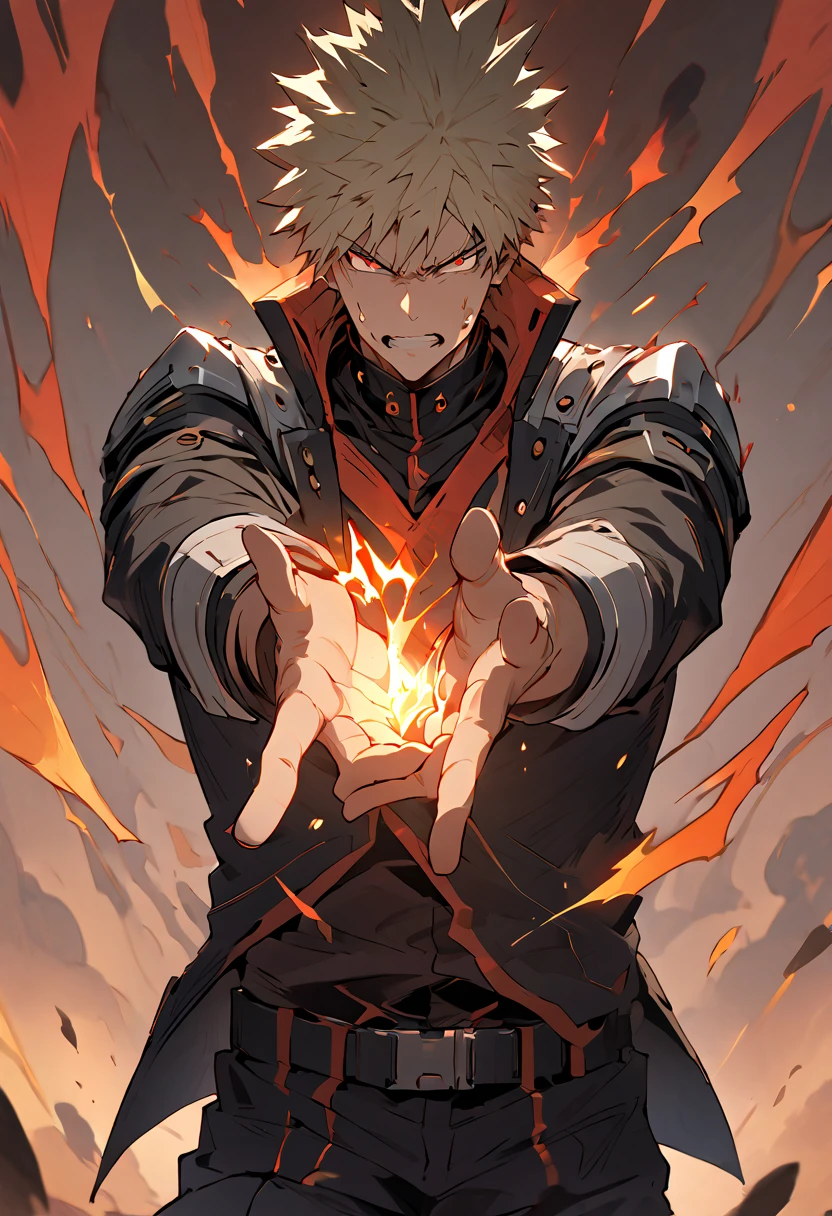 { - anatomy error} , ((Best Quality)), ((masterpiece)), (detailed), score_9, score_8_up, score_7_up, ultra detailed,, detailed beautiful face and eyes, perfect body, perfect hands, perfect fingers, katsuki bakugo, The character is in a dynamic and confident stance. He is placing a white glove on his right hand, while his left hand, partially covered by a glove he is removing, is surrounded by a glow of flames. His fingers are slightly separated, suggesting an emerging action or power.

Attire:
The character is wearing a formal black suit, consisting of:

A smart black jacket.
A striped vest underneath the jacket.
A crisp white shirt.
A diagonally striped tie in black and gold tones, knotted with precision.
White gloves in the process of being put on, adding a refined air.
The outfit conveys professionalism and a sense of sophistication, combined with an aura of power.

Background:
The background shows what appears to be a large window with red curtains. The light enters softly, illuminating the scene dimly. The curtains and general atmosphere suggest an elegant place, perhaps a mansion or a luxurious room. The warm colors of the background contrast with the cool tones of the character's suit.

Facial Expression:
The character has a determined and serious expression. His eyebrows are furrowed, and his intense red eyes convey confidence, authority, and perhaps a slight air of menace. His gaze seems to be focused on something or someone, suggesting concentration. Additional Details:
Hair: The hair is short, light blond and spiky, with well-defined locks that reinforce his energetic personality.
Left Hand: The fingers of the left hand appear scorched or blackened by the use of fire, reinforcing the idea that he possesses supernatural abilities related to fire.