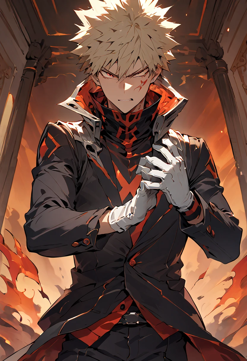 { - anatomy error} , ((Best Quality)), ((masterpiece)), (detailed), score_9, score_8_up, score_7_up, ultra detailed,, detailed beautiful face and eyes, perfect body, perfect hands, perfect fingers, katsuki bakugo, The character is in a dynamic and confident stance. He is placing a white glove on his right hand, while his left hand, partially covered by a glove he is removing, is surrounded by a glow of flames. His fingers are slightly separated, suggesting an emerging action or power.

Attire:
The character is wearing a formal black suit, consisting of:

A smart black jacket.
A striped vest underneath the jacket.
A crisp white shirt.
A diagonally striped tie in black and gold tones, knotted with precision.
White gloves in the process of being put on, adding a refined air.
The outfit conveys professionalism and a sense of sophistication, combined with an aura of power.

Background:
The background shows what appears to be a large window with red curtains. The light enters softly, illuminating the scene dimly. The curtains and general atmosphere suggest an elegant place, perhaps a mansion or a luxurious room. The warm colors of the background contrast with the cool tones of the character's suit.

Facial Expression:
The character has a determined and serious expression. His eyebrows are furrowed, and his intense red eyes convey confidence, authority, and perhaps a slight air of menace. His gaze seems to be focused on something or someone, suggesting concentration. Additional Details:
Hair: The hair is short, light blond and spiky, with well-defined locks that reinforce his energetic personality.
Left Hand: The fingers of the left hand appear scorched or blackened by the use of fire, reinforcing the idea that he possesses supernatural abilities related to fire.