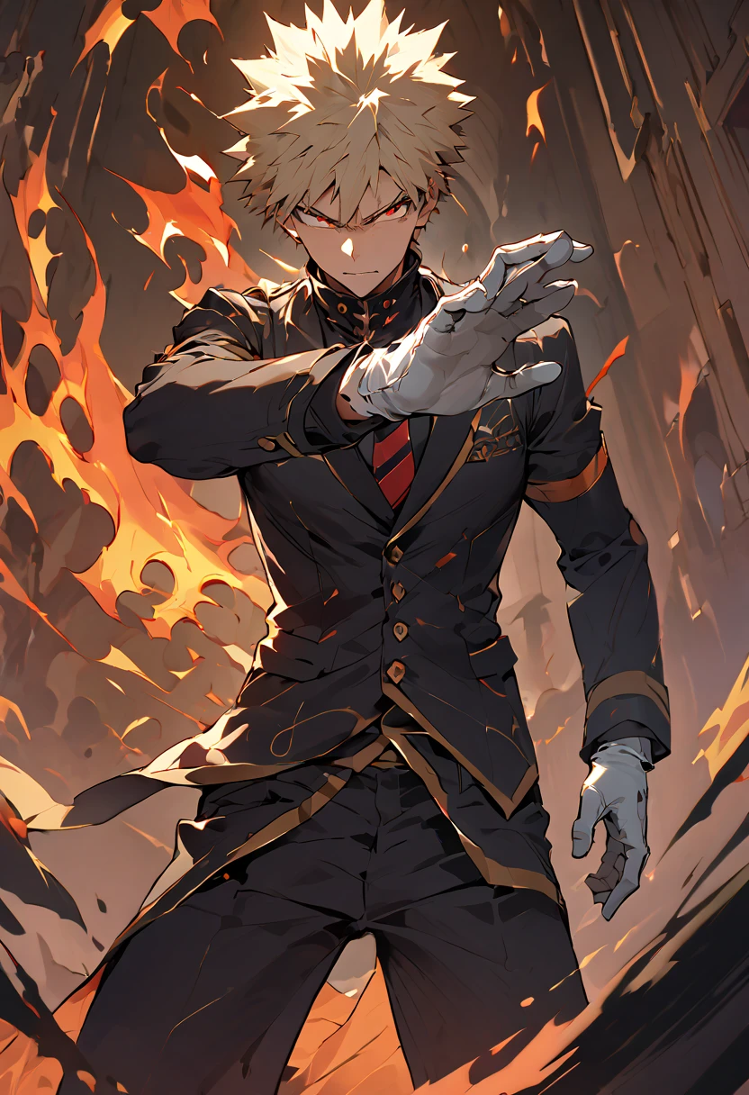 { - anatomy error} , ((Best Quality)), ((masterpiece)), (detailed), score_9, score_8_up, score_7_up, ultra detailed,, detailed beautiful face and eyes, perfect body, perfect hands, perfect fingers, katsuki bakugo, The character is in a dynamic and confident stance. He is placing a white glove on his right hand, while his left hand, partially covered by a glove he is removing, is surrounded by a glow of flames. His fingers are slightly separated, suggesting an emerging action or power.

Attire:
The character is wearing a formal black suit, consisting of:

A smart black jacket.
A striped vest underneath the jacket.
A crisp white shirt.
A diagonally striped tie in black and gold tones, knotted with precision.
White gloves in the process of being put on, adding a refined air.
The outfit conveys professionalism and a sense of sophistication, combined with an aura of power.

Background:
The background shows what appears to be a large window with red curtains. The light enters softly, illuminating the scene dimly. The curtains and general atmosphere suggest an elegant place, perhaps a mansion or a luxurious room. The warm colors of the background contrast with the cool tones of the character's suit.

Facial Expression:
The character has a determined and serious expression. His eyebrows are furrowed, and his intense red eyes convey confidence, authority, and perhaps a slight air of menace. His gaze seems to be focused on something or someone, suggesting concentration. Additional Details:
Hair: The hair is short, light blond and spiky, with well-defined locks that reinforce his energetic personality.
Left Hand: The fingers of the left hand appear scorched or blackened by the use of fire, reinforcing the idea that he possesses supernatural abilities related to fire.