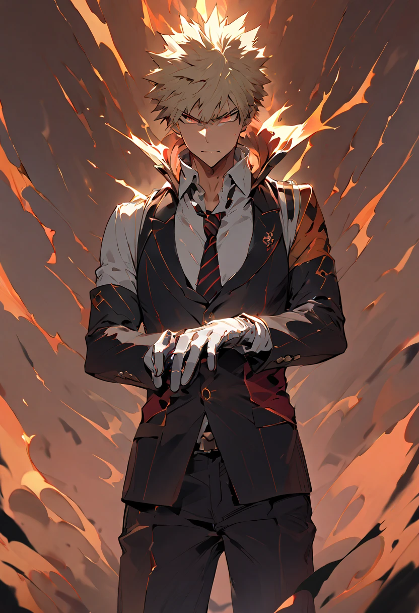 { - anatomy error} , ((Best Quality)), ((masterpiece)), (detailed), score_9, score_8_up, score_7_up, ultra detailed,, detailed beautiful face and eyes, perfect body, perfect hands, perfect fingers, katsuki bakugo, The character is in a dynamic and confident stance. He is placing a white glove on his right hand, while his left hand, partially covered by a glove he is removing, is surrounded by a glow of flames. His fingers are slightly separated, suggesting an emerging action or power.

Attire:
The character is wearing a formal black suit, consisting of:

A smart black jacket.
A striped vest underneath the jacket.
A crisp white shirt.
A diagonally striped tie in black and gold tones, knotted with precision.
White gloves in the process of being put on, adding a refined air.
The outfit conveys professionalism and a sense of sophistication, combined with an aura of power.

Background:
The background shows what appears to be a large window with red curtains. The light enters softly, illuminating the scene dimly. The curtains and general atmosphere suggest an elegant place, perhaps a mansion or a luxurious room. The warm colors of the background contrast with the cool tones of the character's suit.

Facial Expression:
The character has a determined and serious expression. His eyebrows are furrowed, and his intense red eyes convey confidence, authority, and perhaps a slight air of menace. His gaze seems to be focused on something or someone, suggesting concentration. Additional Details:
Hair: The hair is short, light blond and spiky, with well-defined locks that reinforce his energetic personality.
Left Hand: The fingers of the left hand appear scorched or blackened by the use of fire, reinforcing the idea that he possesses supernatural abilities related to fire.