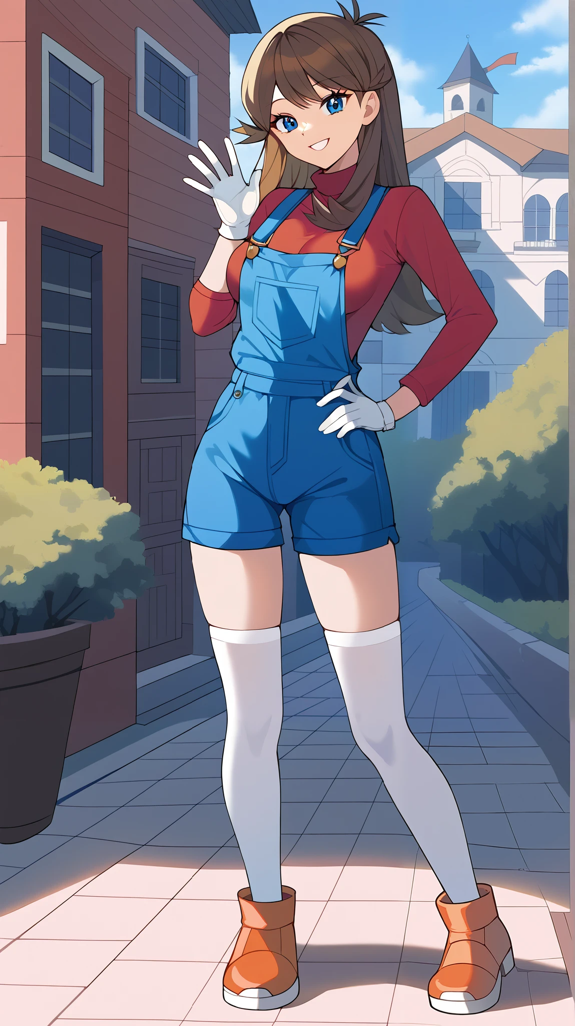 bare hands, no gloves ,Orange brown hair,  long hair,  blue eyes, red long sleeve shirt , blue shorts overalls, white knee-high stockings reflective on glass floors,  absolute domain, Ample breasts,  Tall,  watch viewers, 1 Female, Age 18,  standing, Three idiot hairs , whole body, Place one hand on hip,  slim figure,  sexy smile,  Seductive Smile , Orange shoes,  with bangs,  score_9,  score_8_Excellent,  score_7_Excellent,  score_6_Excellent,  top quality,  source_Anime,  cell shading ,  flat color, vector,  detailed background, town, building,  break 1 girl , Alone, (\ Pokemon\), Outdoor,