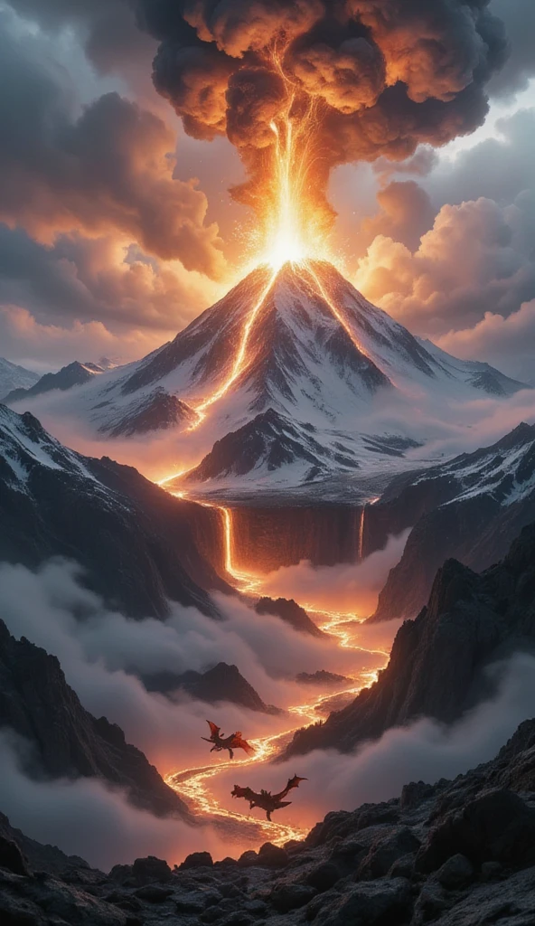 The main character Volcanic Eruption 、 the small flame dragon takes off 、 the small flame dragon that takes off from the crater、 A very high mountain erupts、