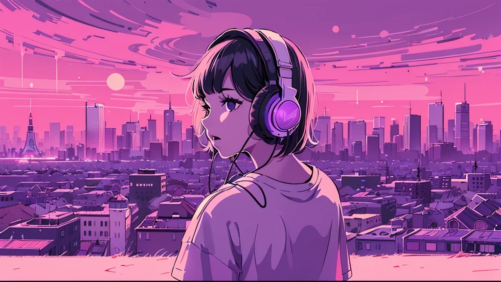 (lo-fi, retro, pale color, low contrast), (1girl, black hair, black eyes, t-shirt, headphone), (summer purple sky, city landscape), (dreamy atmosphere, nostalgic)