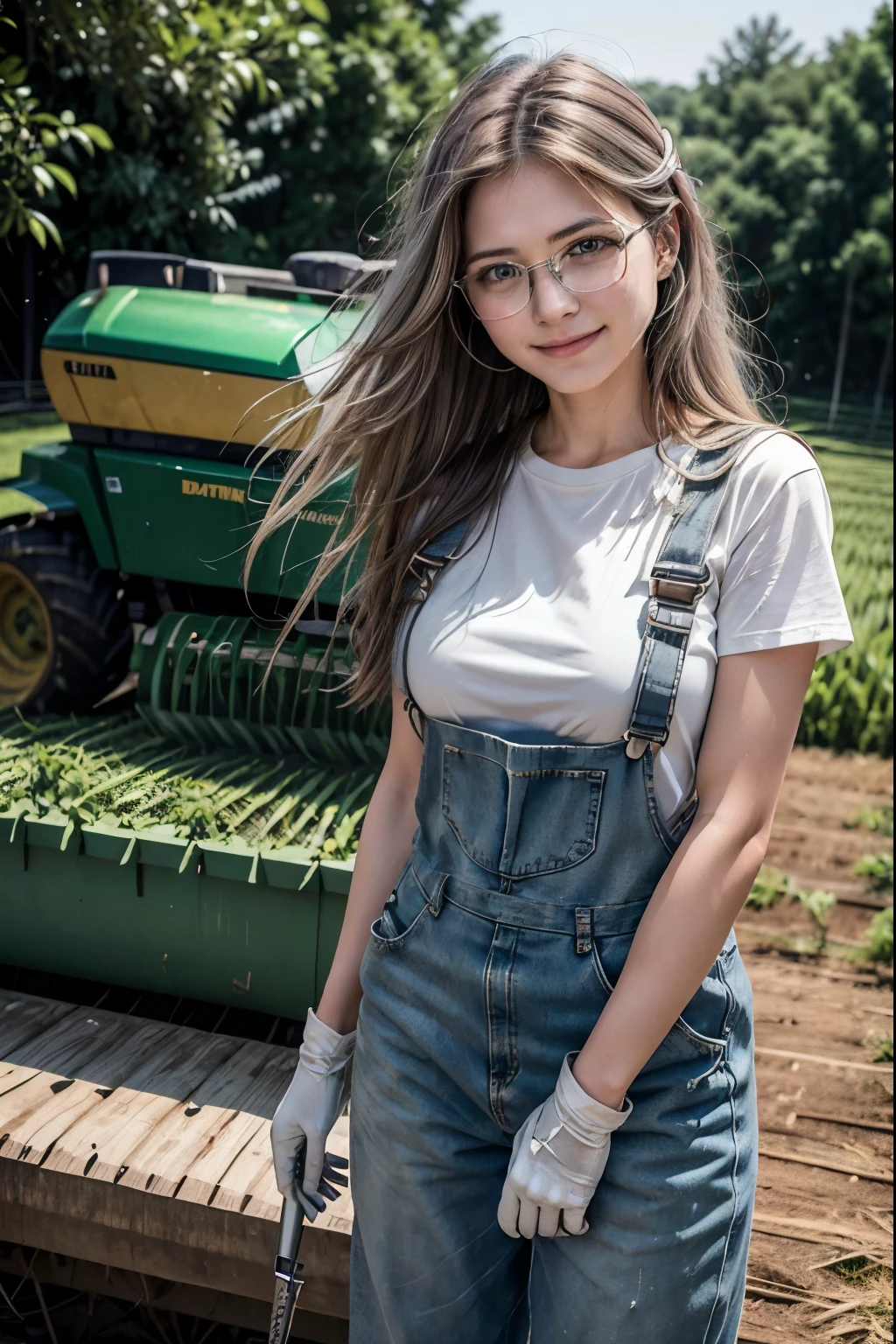 John Deere 6605 、Farmer、 white t-shirt 、 overalls 、 white work gloves 、 black short boots 、Smiling woman with silver semi-long hair wearing hair on one side of her ear、Glasses、A harvester with a huge cutter blade is shown in the background