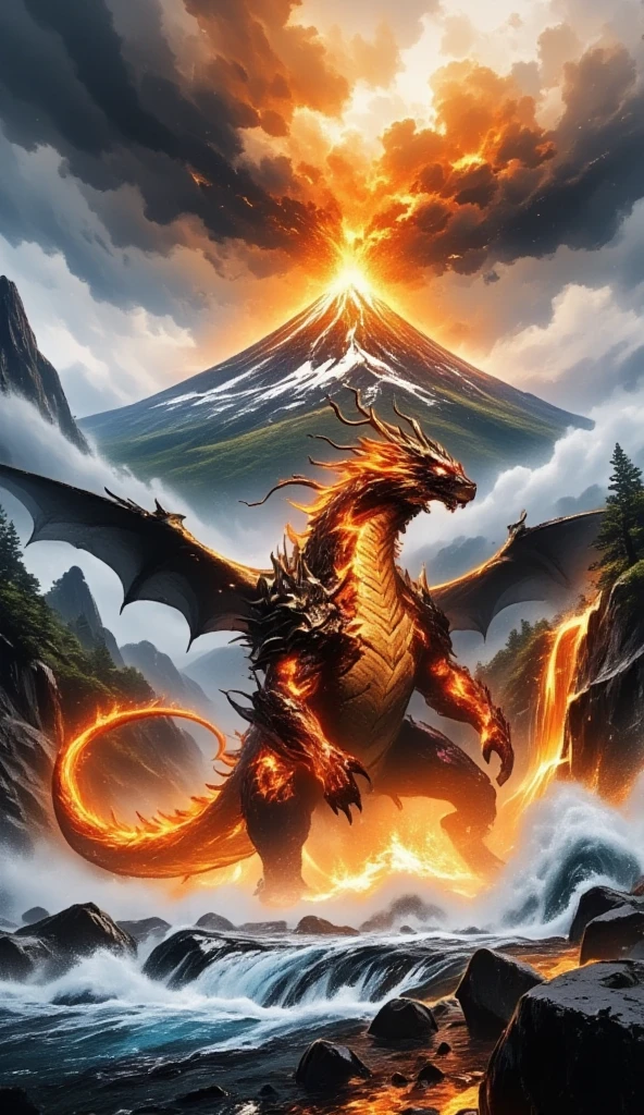 The main character Volcanic Eruption 、 the small flame dragon takes off 、 the small flame dragon that takes off from the crater、 A very high mountain erupts、