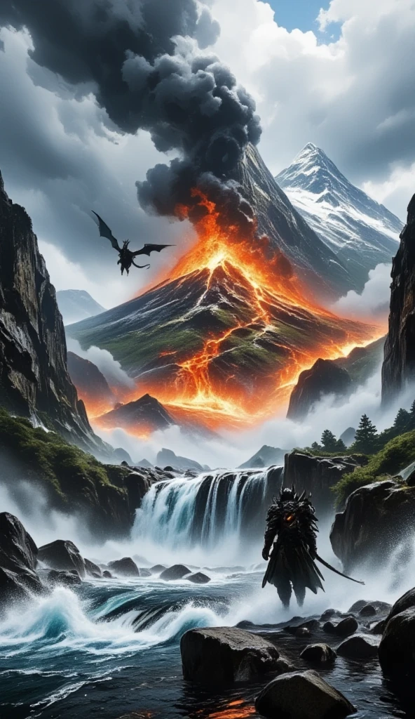 The main character Volcanic Eruption 、 the small flame dragon takes off 、 the small flame dragon that takes off from the crater、 A very high mountain erupts、