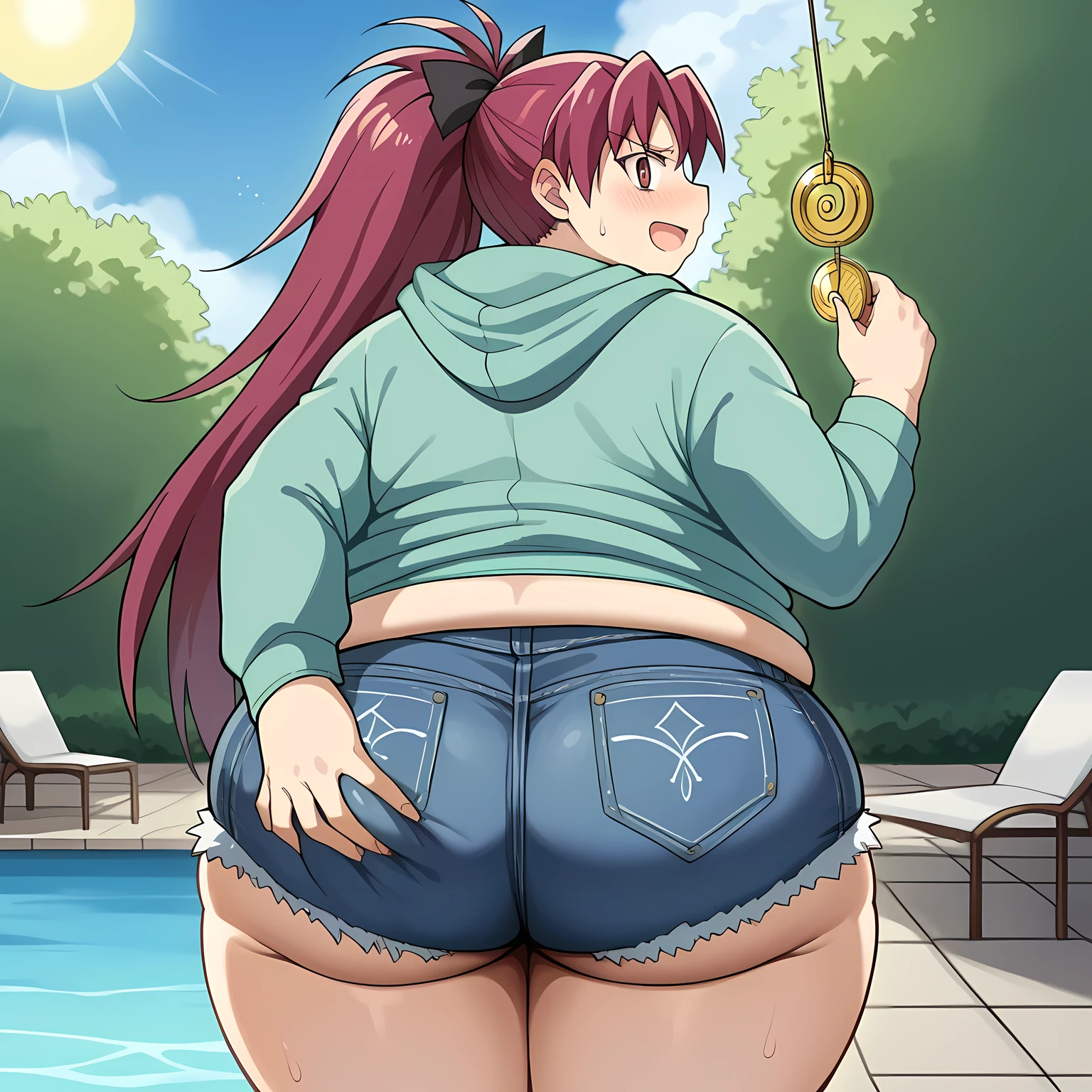 score_9, score_8_up, score_7_up, source_anime, kyouko sakura, long hair, red eyes, ponytail, hair bow, red hair,, shorts, hood, hoodie, denim, blue shorts, denim shorts,, poolside, chairs, sun, towels, relaxation, smile, pendulum, holed coin, coin on string, hypnosis, mind control, coin, @ @,, looking at viewer, solo,, dutch angle, cowboy shot huge ass, fat, chubby, obese, open mouth, out of breath, absurdres, highres icon, rating:General, confused, blush,, {flustered}, nervous sweating, portrait, pov ass, hand on another's ass, averting eyes, [looking away], straight-on, from behind, swollen face, bulging belly, looking back at viewer, ass grab, masterpiece, best quality, ultra-detailed, high resolution, 8K, 