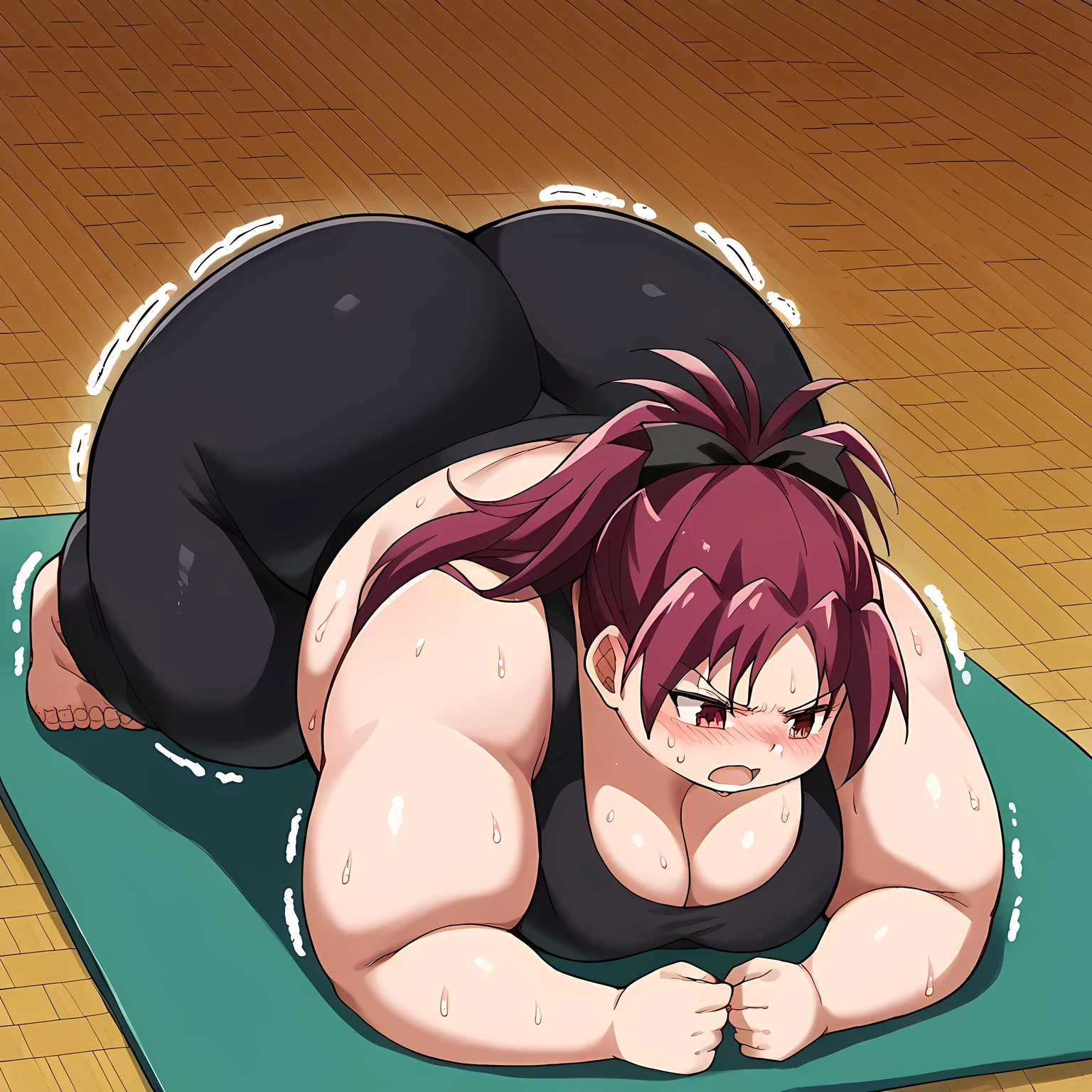 score_9, score_8_up, score_7_up, source_anime, kyouko sakura, long hair, red eyes, ponytail, hair bow, red hair, parted bangs, large breasts, planking, exercising, yoga mat, yoga, yoga pants, trembling, struggling, sweat, sports bra,, blush, :o, cleavage, ass,fat, chubby, obese, gigantic arms and legs, large breasts open mouth, out of breath