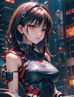  dark-haired woman、red and blue mechanic armor(Small chest、 sleeveless)、 cyberpunk city at night 、