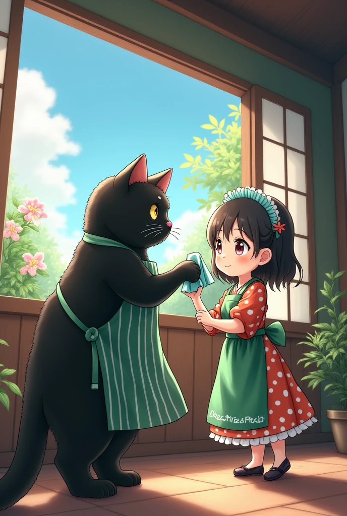 ultra-realistic, photorealistic, dramatic scene, shadow, global-illumination, perfect anatomy, cute chibi-anime characters, there are cute maid Japanese girl and human-like-cat, in the antique room, (the giant chubby black cat is wearing a vertical striped green apron:1.2),  (The cat is hanging laundry on the balcony), flowers, plants, blue sky, the cat is standing, gentle sunlight, professional lighting, (Detailed giant black cat:1.3), the Japanese beautiful girl is looking at the cat with happy smile, the Japanese girl wearing a cute colored maid outfit,