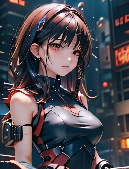  dark-haired woman、red and blue mechanic armor(Small chest、 sleeveless)、 cyberpunk city at night 、