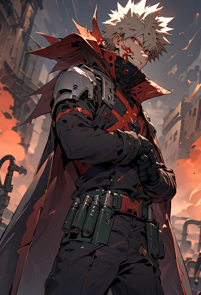 { - anatomy error} , ((Best Quality)), ((masterpiece)), (detailed), score_9, score_8_up, score_7_up, ultra detailed,, detailed beautiful face and eyes, perfect body, perfect hands, perfect fingers, katsuki bakugo, The character wears a dark, stylized outfit with details suggesting an urban or dystopian setting:
Head: He wears a prominent red cap with a white "M" in the center. Its design is reminiscent of an iconic uniform, but the execution is much more somber and serious.
Cape/Jacket: He wears a long red jacket that falls over his shoulders like a cape. It looks worn and gives a rebellious or combative vibe.
Shirt: Underneath the jacket, he wears a dark buttoned shirt, simple but fitting to the overall design.
Gloves: His hands are covered by black gloves suggesting functionality and protection, possibly related to the object he is holding.
Accessory: In his hand, he carries a round artifact with a glowing crystal in the center, which emits a green glow, giving it a futuristic or technological vibe. The background shows a dystopian scene with gray and dark tones, including:

Blurry industrial or urban structures with details of pipes and cables.
Dark smoke plumes rising into the sky, indicating a possibly post-apocalyptic or chaos setting.
Small red particles and flashes float around the character, creating a contrast with the shadowy background and adding an air of danger.
Facial Expression:
His face is largely covered by the shadow of the cap and possibly a black visor, which hides his expression. This intensifies the atmosphere of mystery and power. The lack of visibility of his eyes makes him appear distant, cold and calculating. Visual Effects: Small traces of energy or red blood float around the character, adding a dynamic effect and suggesting that he is involved in a conflict or possesses a special power.