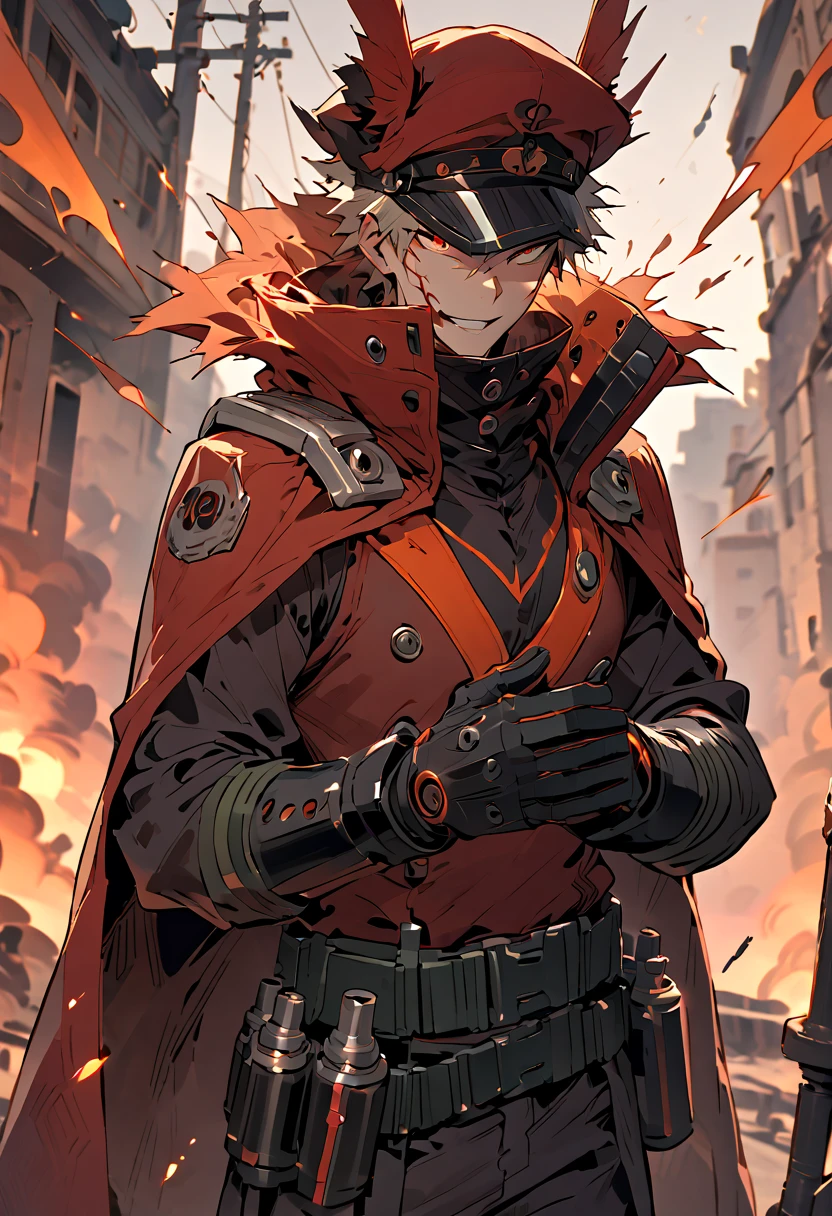 { - anatomy error} , ((Best Quality)), ((masterpiece)), (detailed), score_9, score_8_up, score_7_up, ultra detailed,, detailed beautiful face and eyes, perfect body, perfect hands, perfect fingers, katsuki bakugo, The character wears a dark, stylized outfit with details suggesting an urban or dystopian setting:
Head: He wears a prominent red cap with a white "M" in the center. Its design is reminiscent of an iconic uniform, but the execution is much more somber and serious.
Cape/Jacket: He wears a long red jacket that falls over his shoulders like a cape. It looks worn and gives a rebellious or combative vibe.
Shirt: Underneath the jacket, he wears a dark buttoned shirt, simple but fitting to the overall design.
Gloves: His hands are covered by black gloves suggesting functionality and protection, possibly related to the object he is holding.
Accessory: In his hand, he carries a round artifact with a glowing crystal in the center, which emits a green glow, giving it a futuristic or technological vibe. The background shows a dystopian scene with gray and dark tones, including:

Blurry industrial or urban structures with details of pipes and cables.
Dark smoke plumes rising into the sky, indicating a possibly post-apocalyptic or chaos setting.
Small red particles and flashes float around the character, creating a contrast with the shadowy background and adding an air of danger.
Facial Expression:
His face is largely covered by the shadow of the cap and possibly a black visor, which hides his expression. This intensifies the atmosphere of mystery and power. The lack of visibility of his eyes makes him appear distant, cold and calculating. Visual Effects: Small traces of energy or red blood float around the character, adding a dynamic effect and suggesting that he is involved in a conflict or possesses a special power.