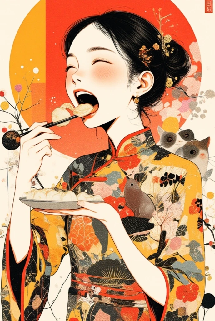  A woman eats with her mouth full,White,red,yellow, orange ,vermilion,Surreal collage,a contemporary artistic collage,collage artwork, New Album Cover , Great Job !! ,digital collage、(collage ),collage art,contemporary collage,mixed media collage, Surreal +      is high definition , Surreal style, convertible、    Call it the Inner World of the Autism Spectrum, see here ,Steamed bun,Meat steamed buns,dumpling,drink tea, China Dress,cat