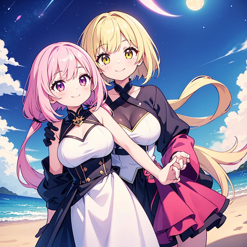 (overhead view), mature woman, 1girl, CG illustration, (masterpiece, best quality, ultra-detailed), sharp focus, detailed face, face focus, extremely detailed eyes, long hair, crown braid, hair over shoulder, sky-blue hair, pink eyes, long eyelashes, (blush, small smile), delicate makeup, big breasts, bare shoulders, cleavage, ((colors of clothing: pink, white, with purple and black ribbons)), ((moon, night, fireflies, blue particles surrounds, mountains in distance, waterfall behind, breeze)), cinematic lighting, rim lightning, ray tracing, shadowing, dynamic angle
