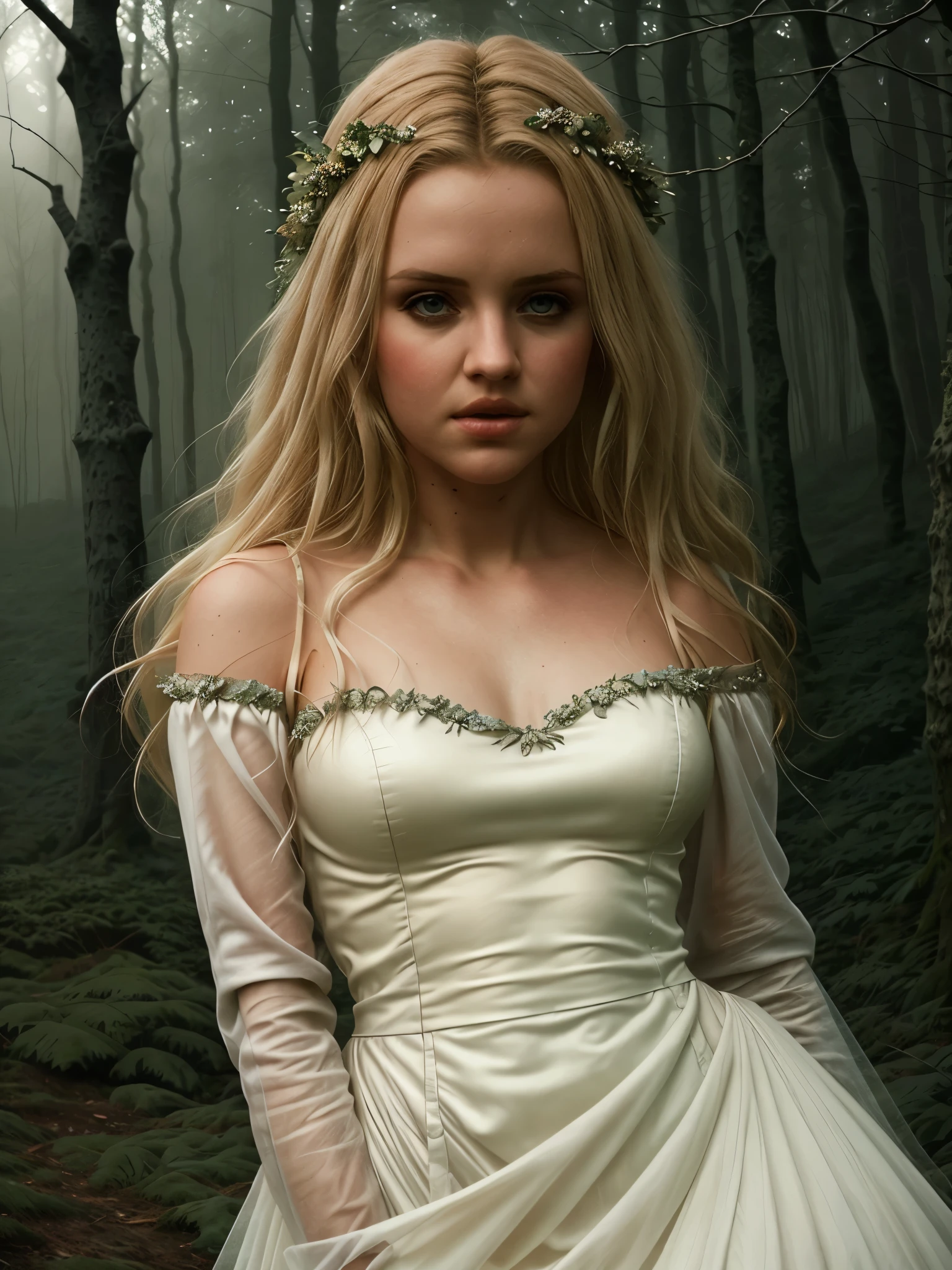 a beautiful sad girl fairy, delicate white silk dress, sorrowful expression, ethereal atmosphere, dramatic lighting, magical forest landscape, cinematic composition, intricate details, muted color palette, dreamlike quality, cinematic lighting, photorealistic, 8k, high quality, masterpiece
