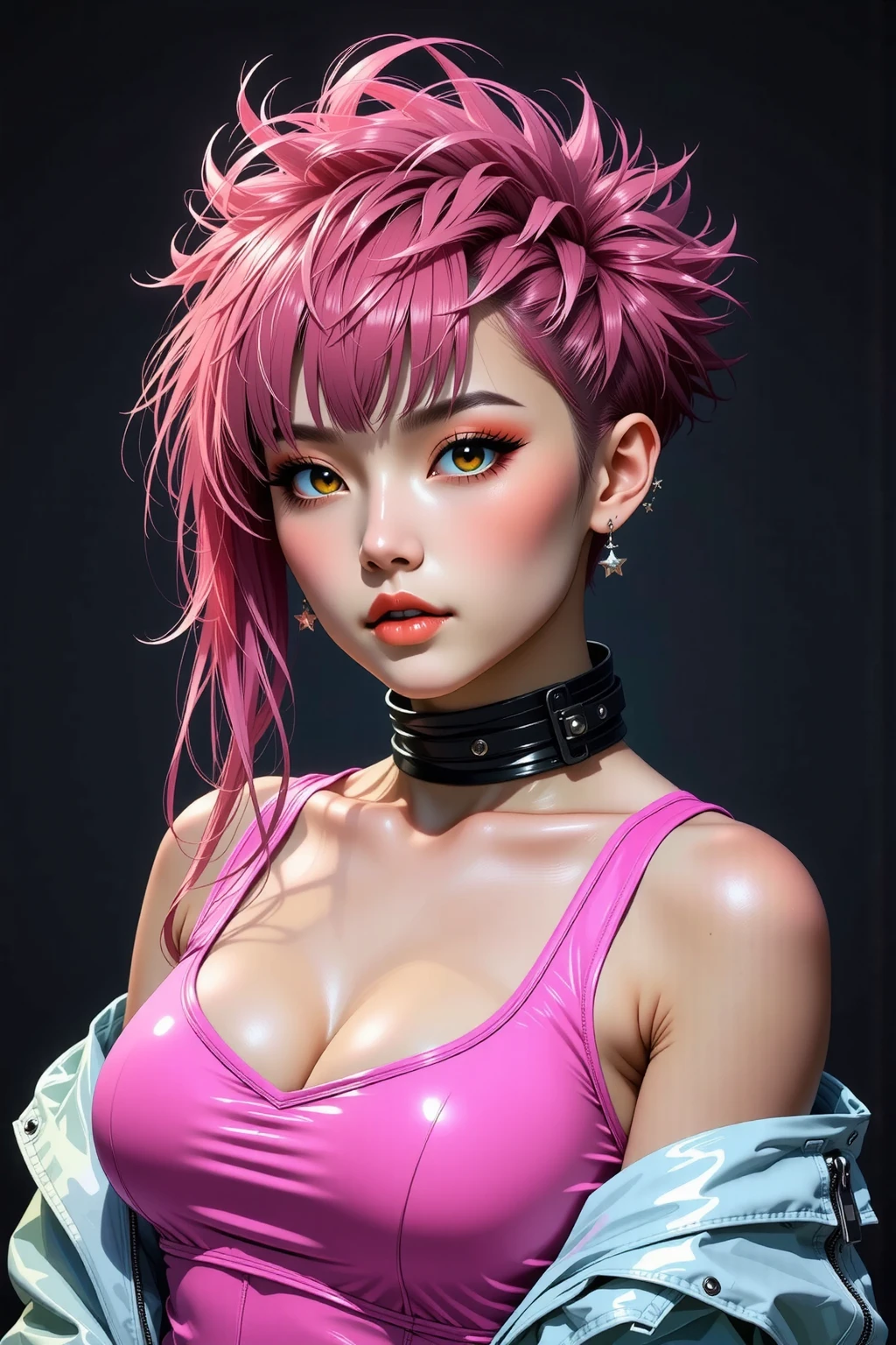 generates a real front image of a  Korean girl with short, spiky hair, some pink locks and metal style, big breasts, cleavage, tight pink tanktop, black background