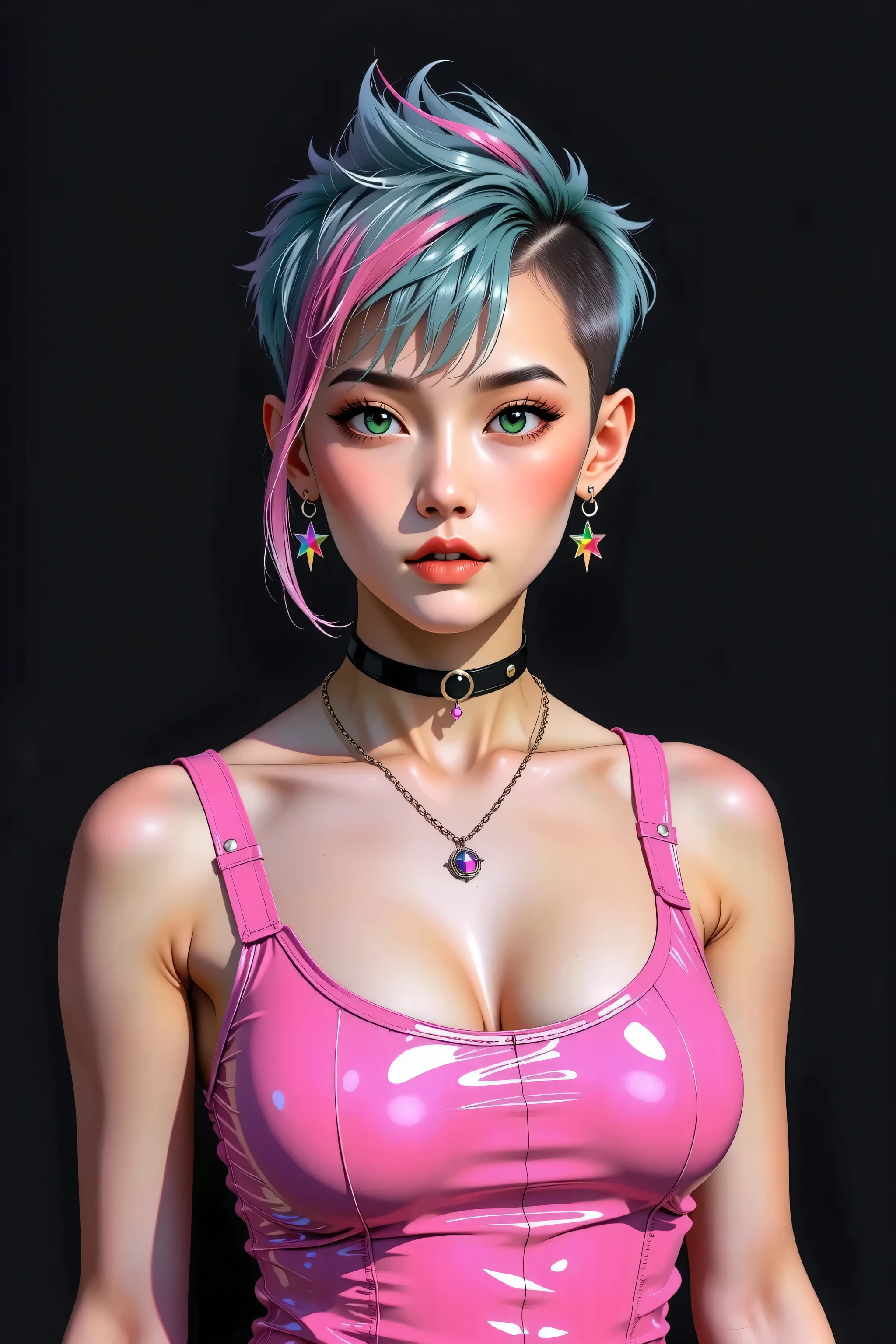 generates a real front image of a  Korean girl with short, spiky hair, some pink locks and metal style, big breasts, cleavage, tight pink tanktop, black background