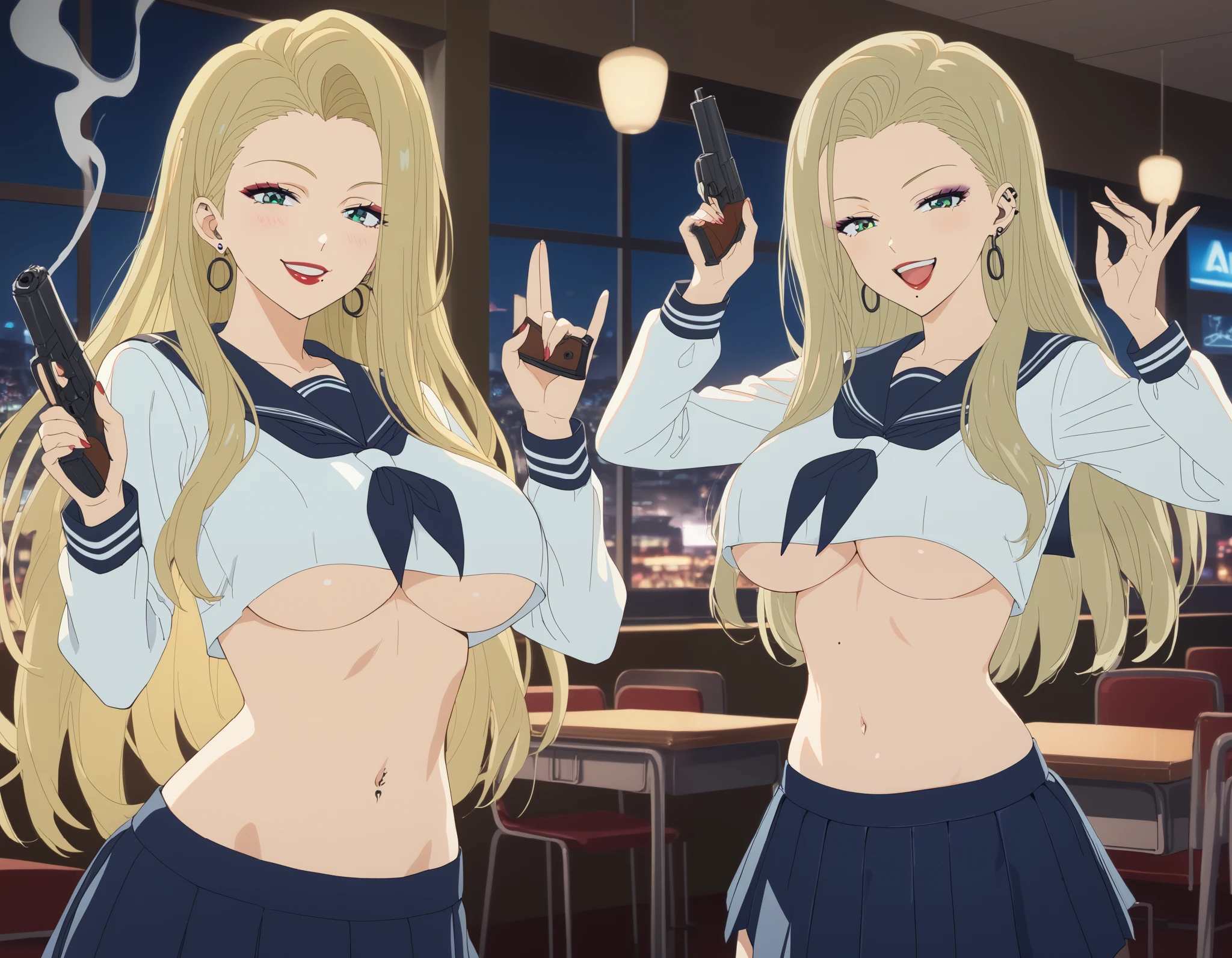 KJOsayo, long hair, blonde hair, green eyes, , mole under mouth, purple eyeshadow, long hair, 1girl, earrings, red lips, large breasts, ear piercing, long hair, blush, lipstick,Hot girl, baddie, smoking, sensual, attractive , cityscape, , nightclub, , city lights,,bar background, inside bar,indoors,masterpiece, best quality, highly detailed, a anime girls in sailor uniforms with a gun posing for a picture,
evil smile, smile, open mouth,black_serafuku, ecchi anime style, anime girls , (nsfw) not safe for work,
ecchi style, ecchi, shipgirls, digital anime art!!, high school girls, holding a gun, hold a gun, anime style 4
k, micro skirt, exposed belly, exposed navel, exposed midriff, holding pistol,underboob,
exposed lower belly,school, classroom,, tattoo on body, dragon tattoo, tattoo midriff, rose tattoo,, open arms sideway, arms T-pose, smirk, standing, anime girl T posing