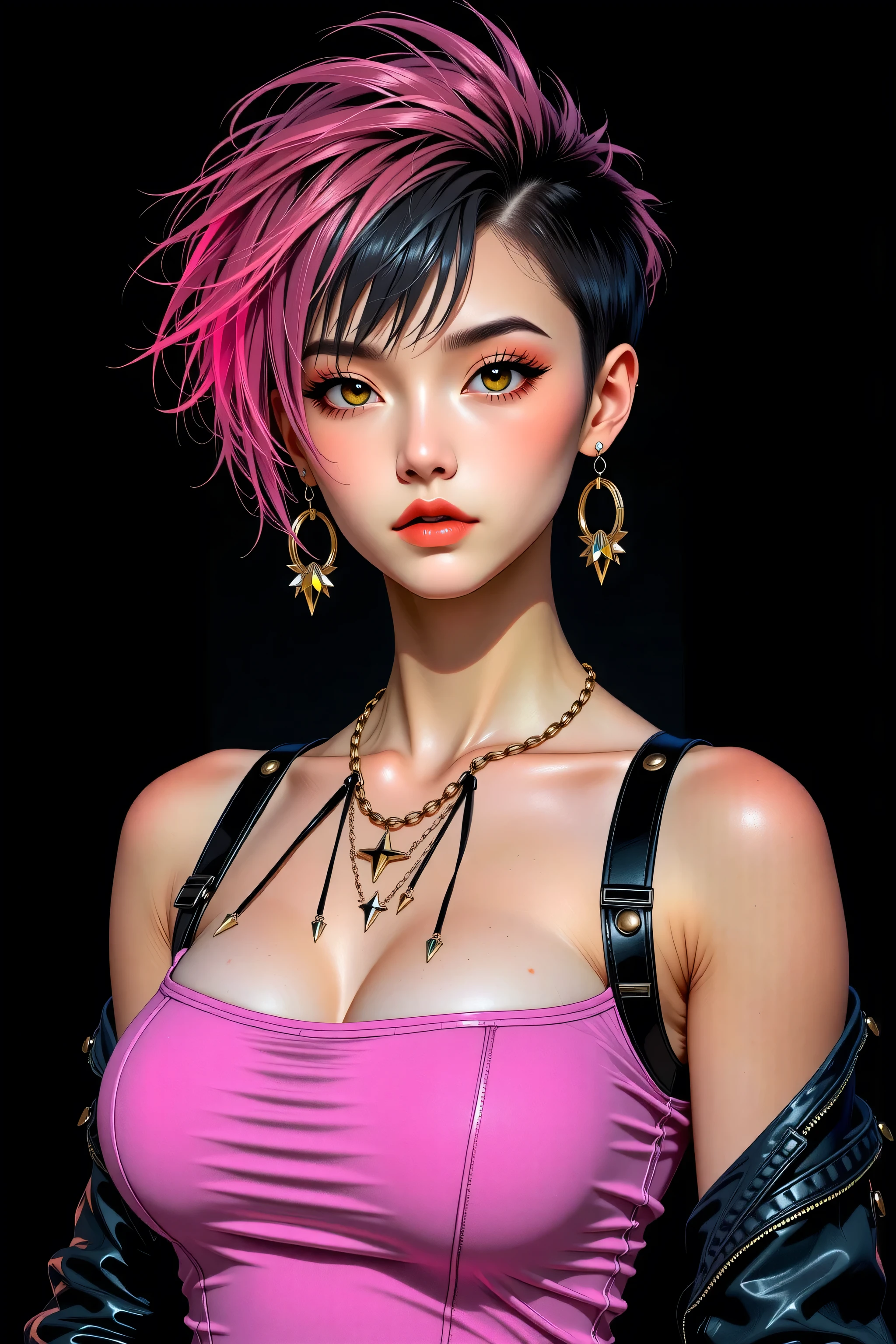 generates a real front image of a teenage Korean girl with short, spiky hair, some pink locks and metal style, big breasts, cleavage, tight pink tanktop, black background