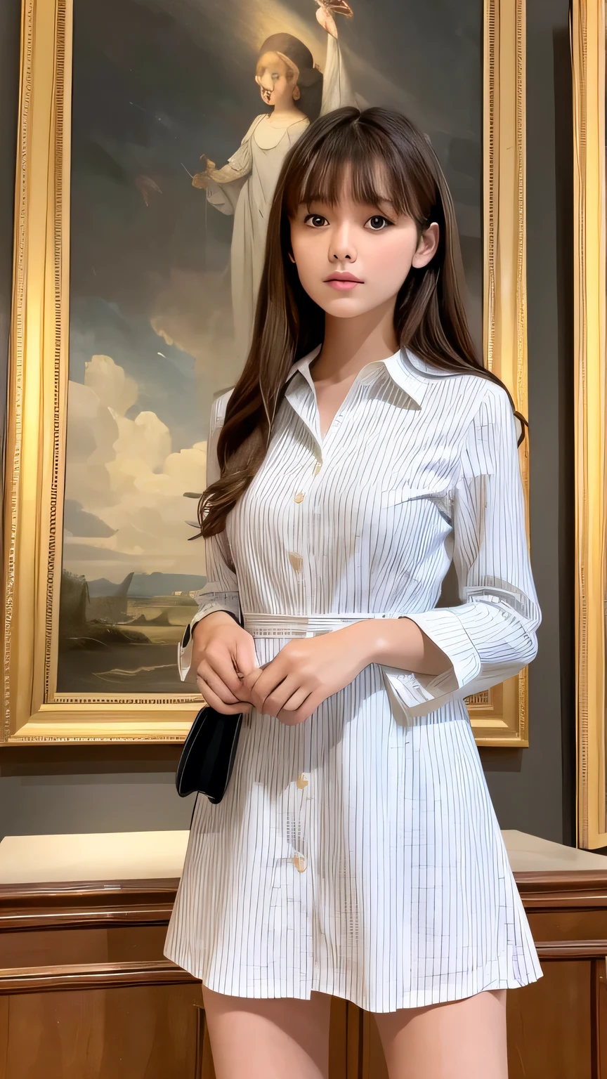 Height: 170cm:1.5, 30 years old、Fit from head to toe in the frame、whole body、(Double big eyeaintain this face and pose image:1.5、Pale face and blowm eyes:1.3、Ultra-thin pale face and eyes:1.3, blown eyes:1.3、{RAW shooting、, highest quality}, {{Masterpiece}}, {Very delicate and beautiful}, Outstanding light and shadow, Highly detailed wallpaper, Sunny and bright sunlight, whole body, whole body、 girl, , blush:1.2、Shaggy light brown long hair:1.5, Strong sunlight, Delicate Hair,Realistic skin texture, B cup breasts、valley, Fresh, Young Skin, Visible wrinkles on the skin., Broad shoulders:1.4, ((A strong light shines on your face:1.5)), necklace、ring、Earrings、Toothy smile:1,5、smile:1.5, Ray Tracing、 BREAK (light-khaki color theme:1.4), (light-khaki color tops:1.4), ((gigid cotton texture, large Pockets):1.3), (wear a oversized light-khaki colour cotton workwear cargo dress with a stiff texture over naked body:1.4), ((short Sleeves, bottomless, knot on waist):1.3), (one-piece), ((collar, chainbone, thighs):1.3), (worker boots:1.2)、(Toothless smile:1,5)、(Toothless smile:1,5),
