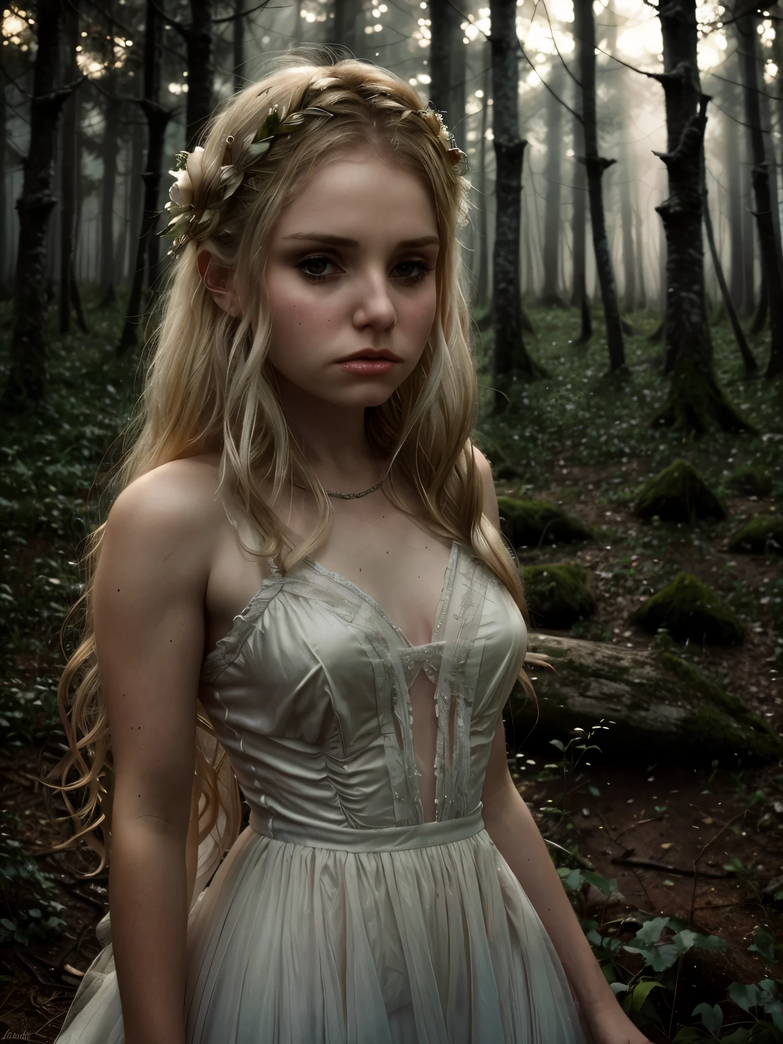 a beautiful sad girl fairy, delicate white silk dress, sorrowful expression, ethereal atmosphere, dramatic lighting, magical forest landscape, cinematic composition, intricate details, muted color palette, dreamlike quality, cinematic lighting, photorealistic, 8k, high quality, masterpiece