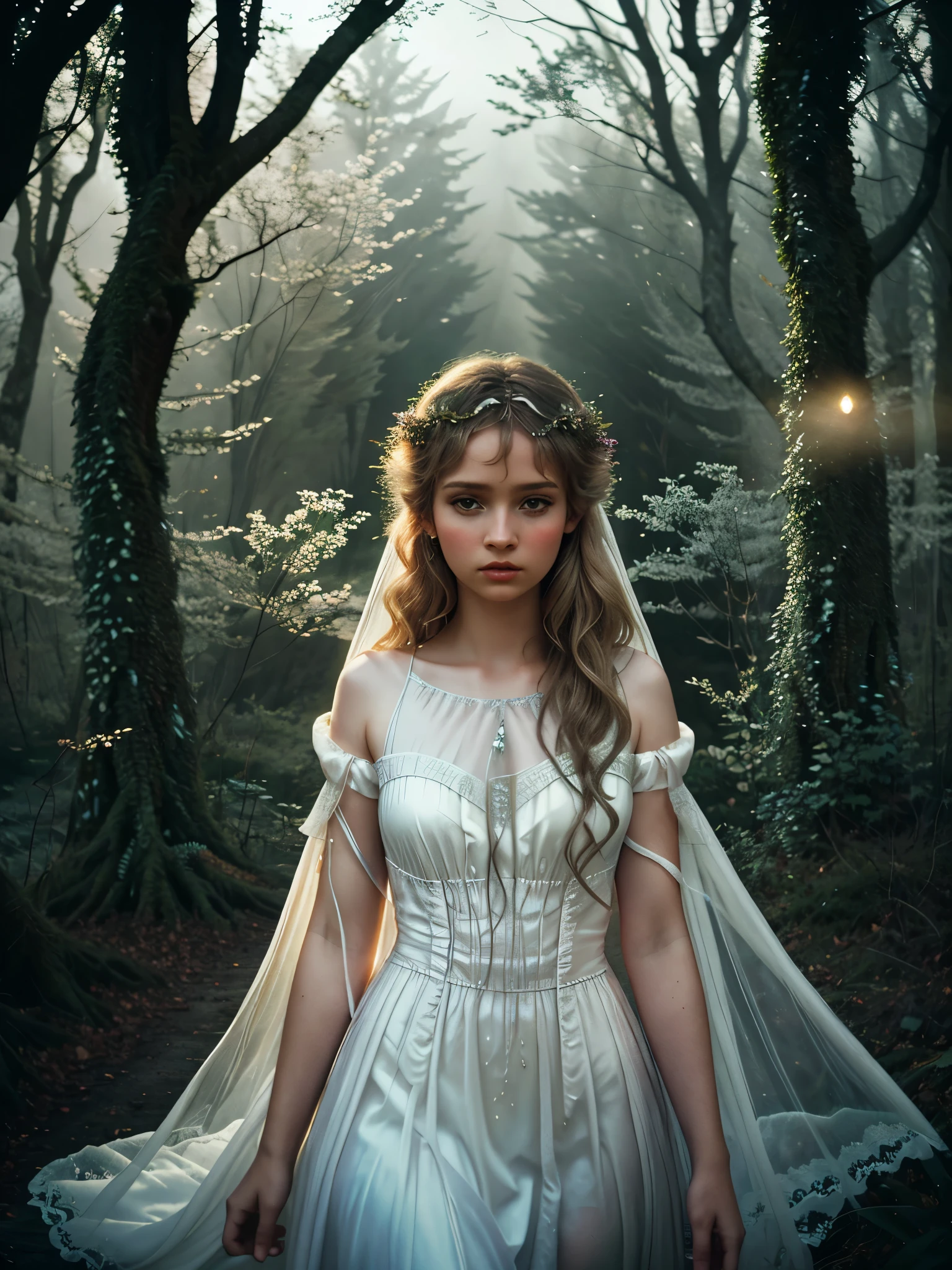 a beautiful sad girl fairy, delicate white silk dress, sorrowful expression, ethereal atmosphere, dramatic lighting, magical forest landscape, cinematic composition, intricate details, muted color palette, dreamlike quality, cinematic lighting, photorealistic, 8k, high quality, masterpiece