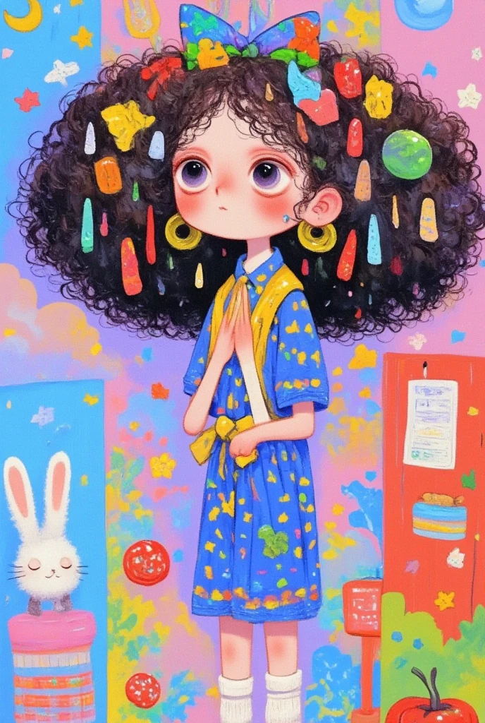 Cartoon cool lady  with big curls standing in a room , Broccoli Hair ,  cute detailed digital art ,  colorful illustration , Lovely art style, 可爱的数字艺术, Cute illustrations,  可爱的细节艺术品 , Colorfull illustration,  art on artstation ,  a beautiful art illustration , Fertility illustration,  cute digital painting , Dream illustration ,   hand drawn cartoon art style inspired by cartoon 