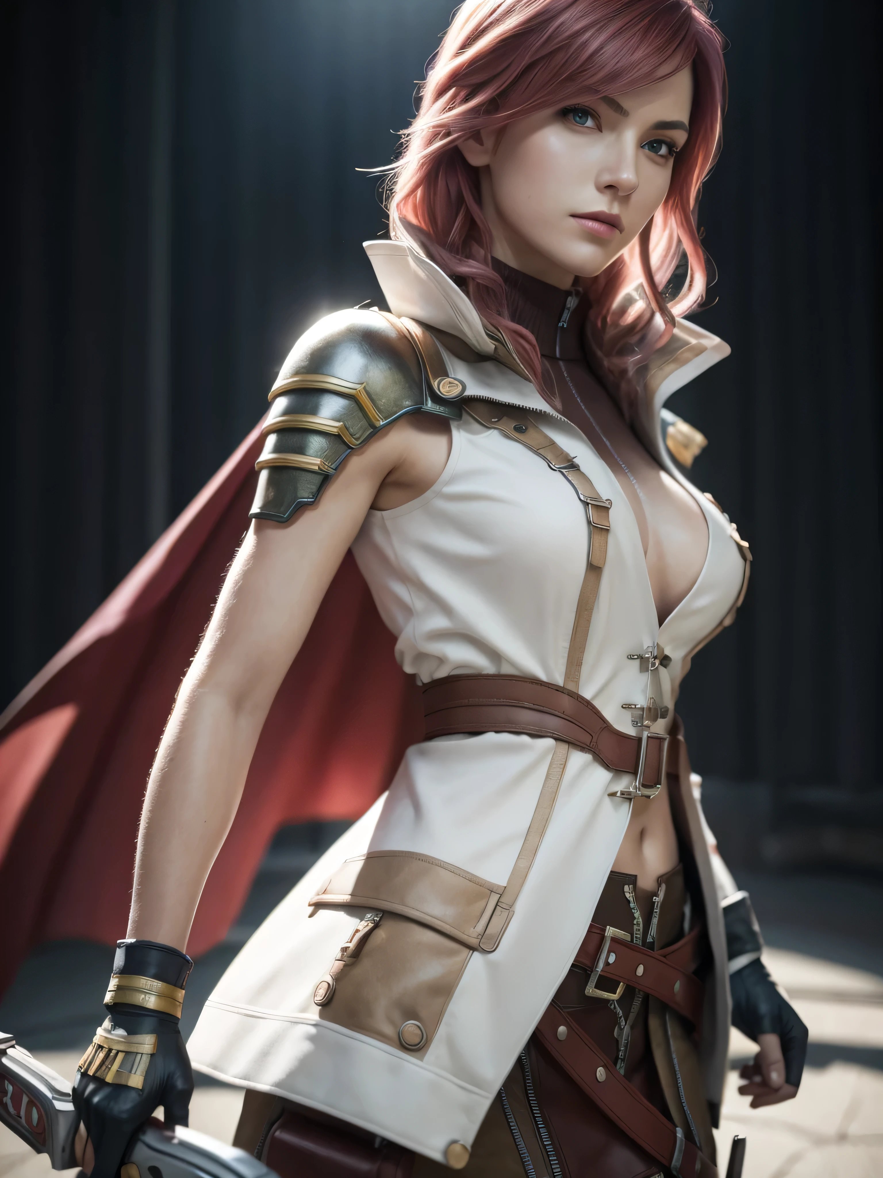 (masterpiece, best quality:1.4), (standing:1.5), (1girl, solo:1.5), (european youth:1), lightning farron, sleeveless, shoulder armor, cape, skirt, fingerless gloves, looking at viewer, (soft pink hair:0.5), sexy smile, beautiful face, highly detailed face, highly detailed skin, skin pores, subsurface scattering, realistic pupils, medium breast, full face blush, full lips, detailed background, depth of field, volumetric lighting, sharp focus, absurdres, realistic proportions, good anatomy, (realistic, hyperrealistic:1.4), 16k hdr, (holding a sword in battle), (fighting pose:1), (movement:1) (raised butt:1). (turning:1), (showing back:1), raised butt:1.2)