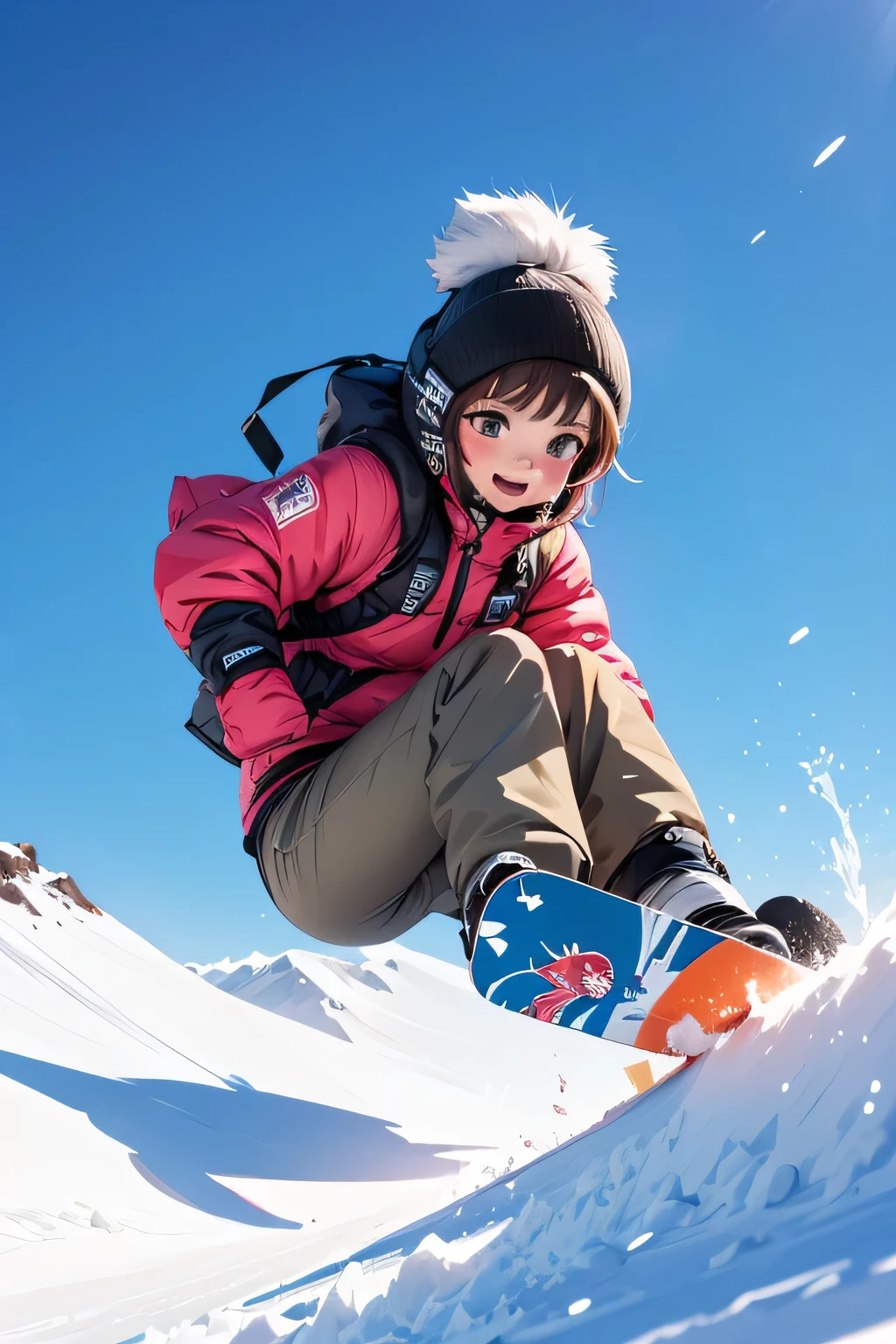 high resolution, super powerful, girl, snowy mountain, snowboarding, sense of speed, (first person view:1.5)