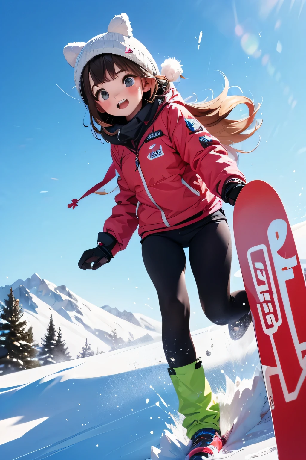 high resolution, super powerful, girl, snowy mountain, snowboarding, sense of speed, (first person view:1.5)