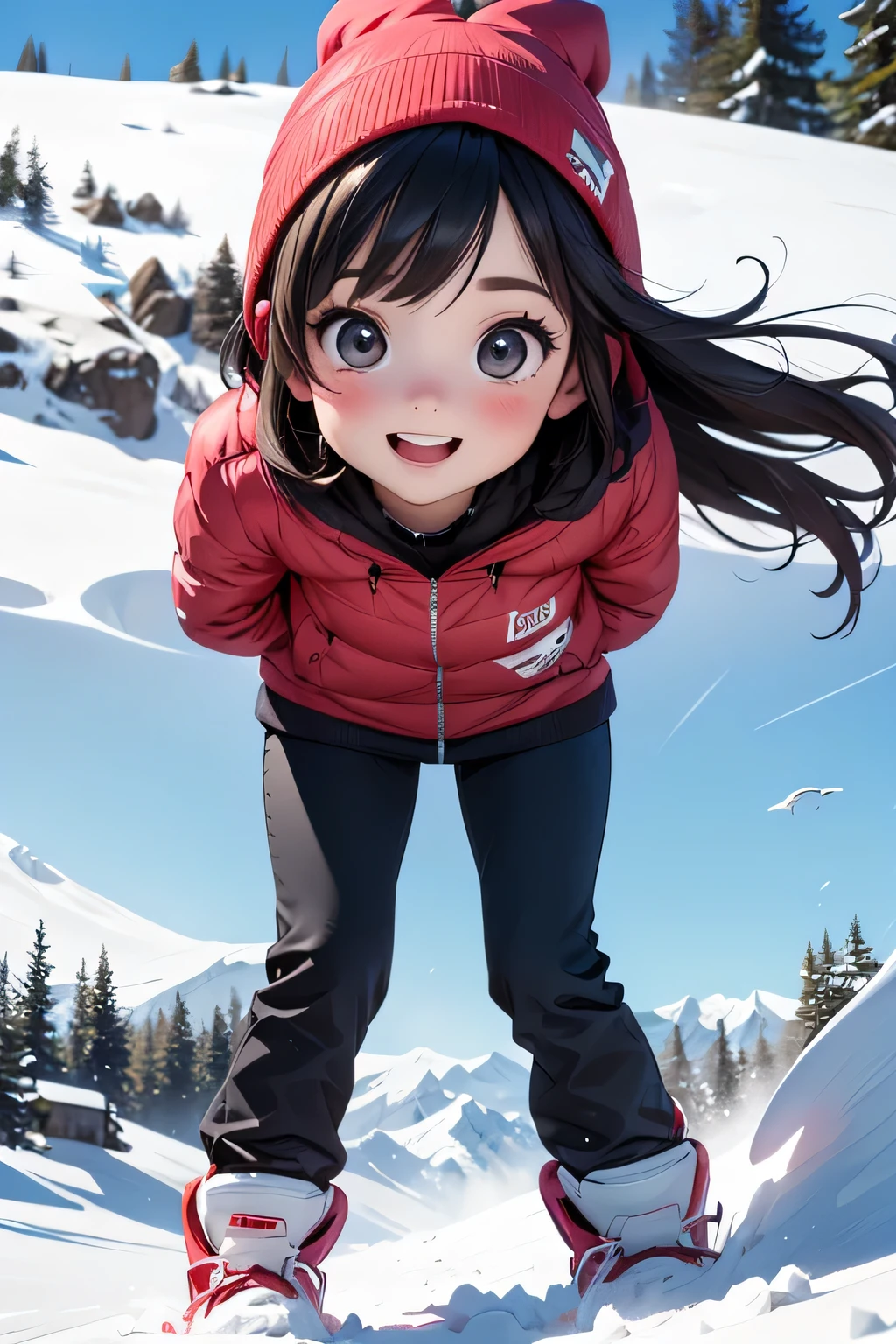 high resolution, super powerful, girl, snowy mountain, snowboarding, sense of speed, (first person view:1.5)