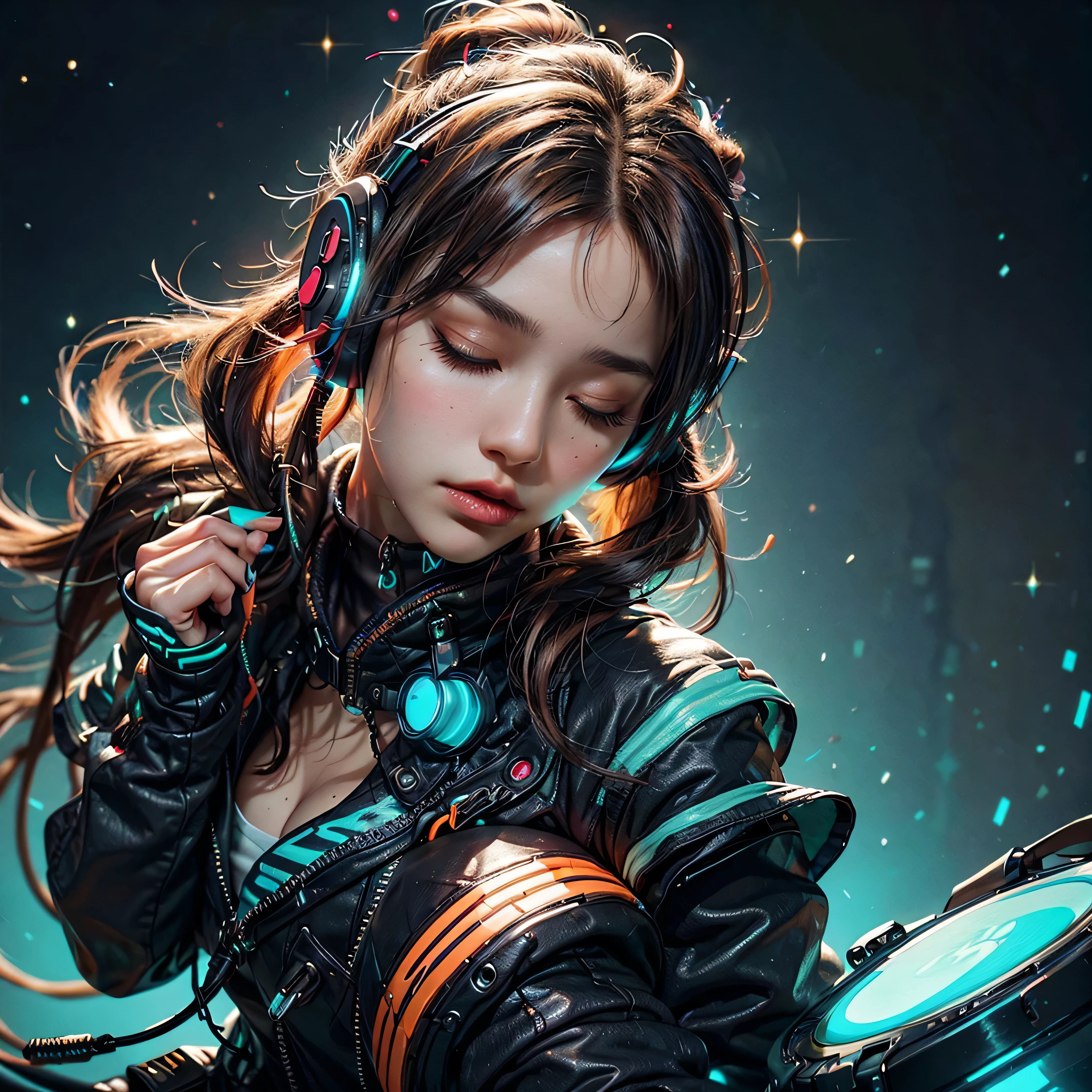 "An ultra-realistic, high-quality close-up of a stunning woman with sleek, futuristic headphones. Her hand gently rests on the headphones as she immerses herself in the music, eyes closed in pure bliss. Her expression radiates energy and passion, syncing perfectly with the funky, rhythmic beats of funk rock. Neon lights in electric blue and fiery orange reflect off her headphones and cascade across her face, creating dynamic shadows. Her slightly tousled hair adds movement, while the background features abstract, glowing soundwaves and bold graffiti-inspired patterns, evoking the vibe of a vibrant music scene."