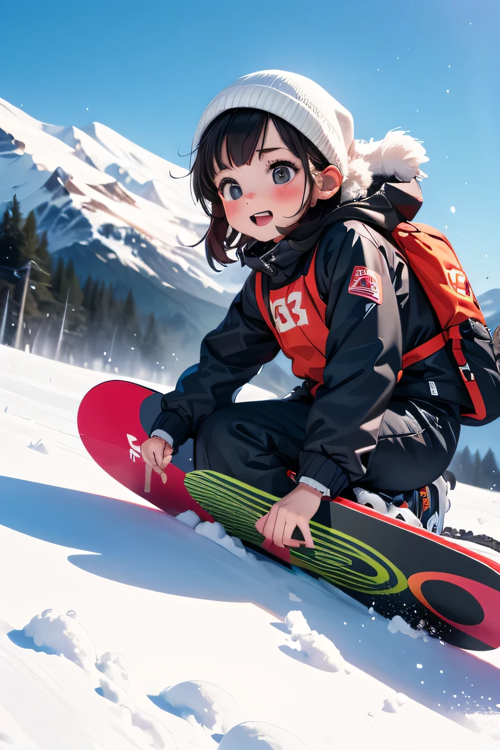 high resolution, super powerful, girl, snowy mountain, snowboarding, sense of speed, (first person view:1.5)