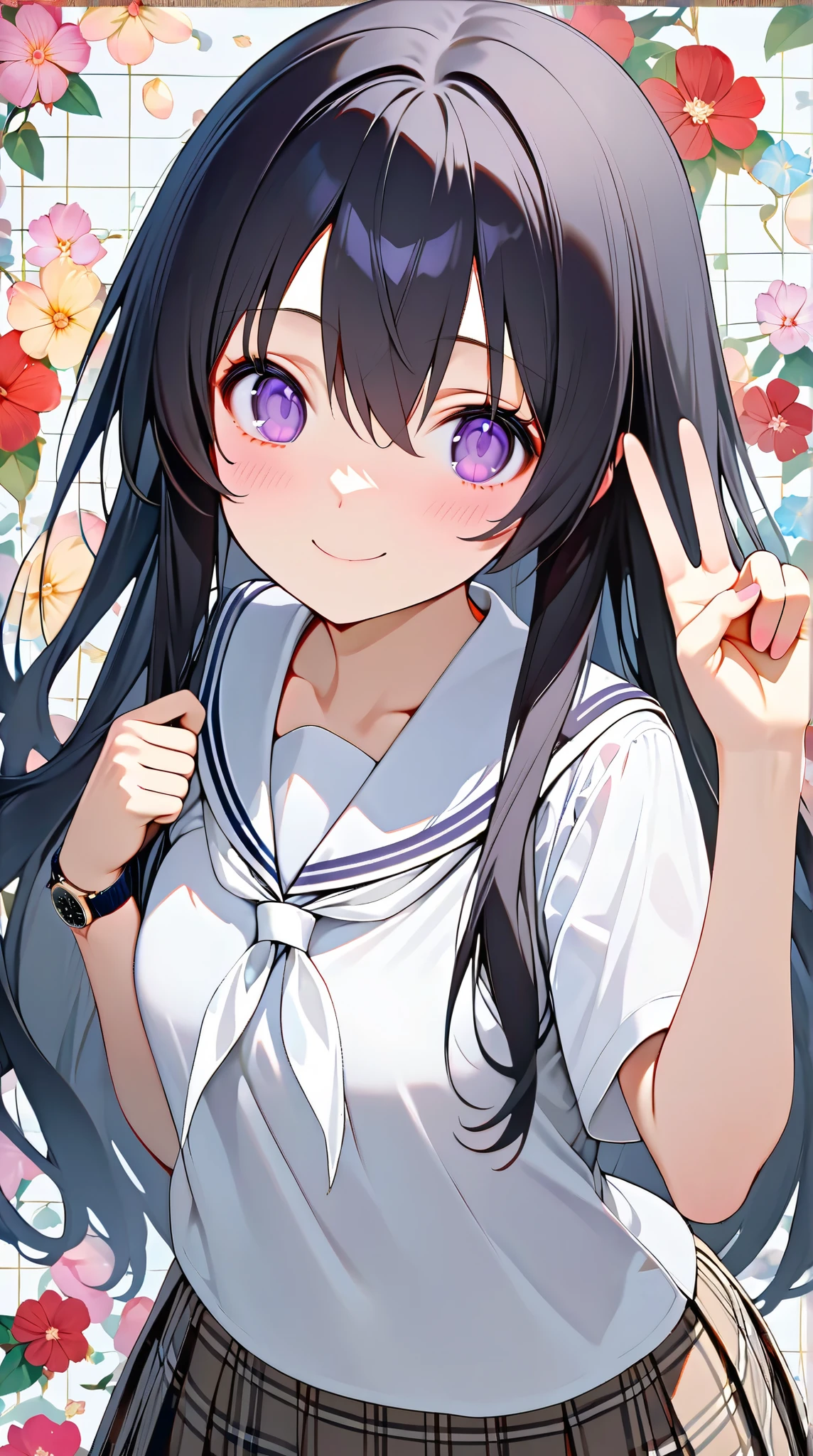  top quality,  Great Quality ,  high image quality,  absurd,  1 girl , Alone,  black hair,  purple eyes,  hair between eyes ,  long hair,   white sailor color ,   plaid pattern skirt ,  school uniform, Seraph,  white neckerchief ,  standing, v,  upper body,  watch viewers, Floral background, smile,  closed mouth ,  grid background , blush