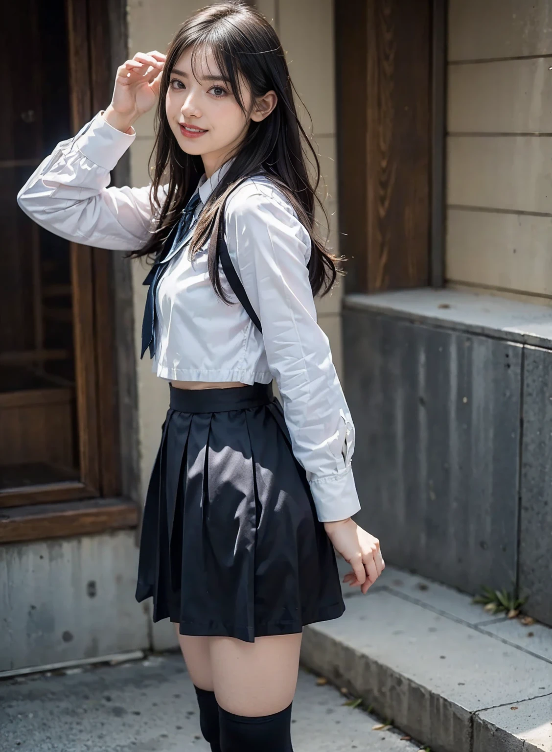 ((Viewing angle from below、Highest quality、masterpiece、32k、Every detail))、Descend the outdoor stairs、commute、Systemic symptoms、Traditional navy blue sailor uniform、White blouse、Pleated skirt、(((A strong wind blows my hair and skirt away:1.62)))、(( I always wear the strap of my bag across my body..:1.22))、One Girl, alone、(((mini skirt, No underwear:1.22)))、Big Breasts、barefoot, High heels