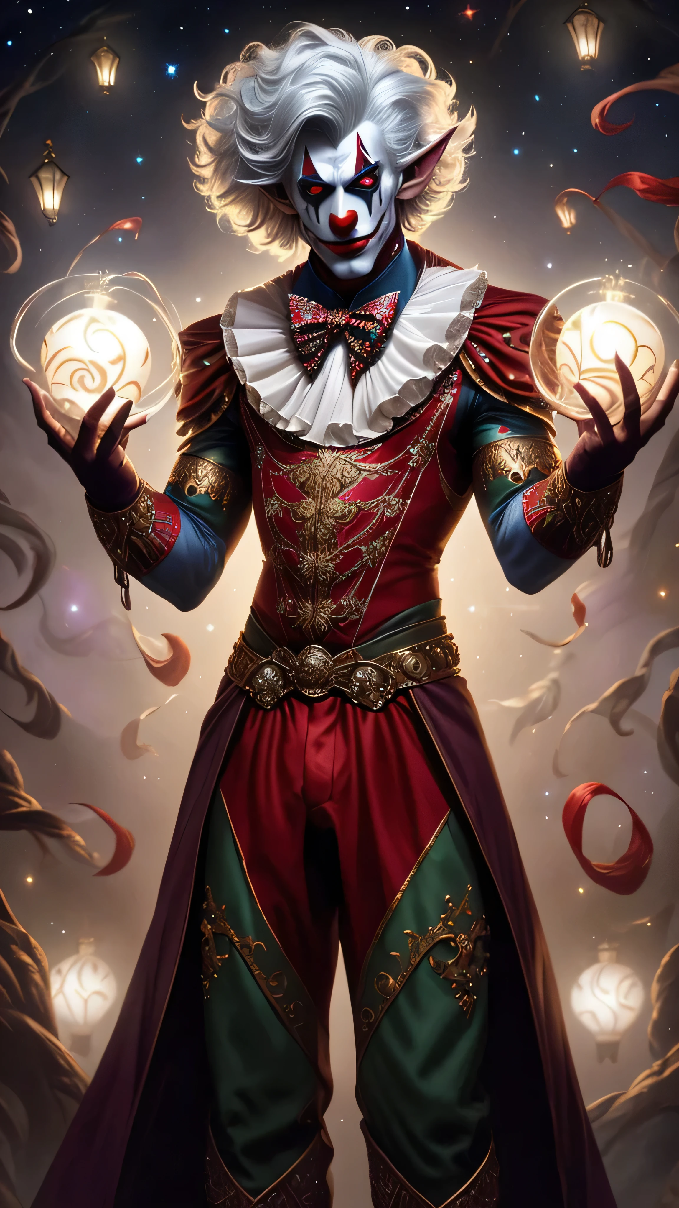 dark elf, drow, male, clown, pointed ears, gray body skin, white short curls hair, sharp piercing red eyes, red clown nose, vibrant makeup, stars swirling around eyes, colorful harlequin outfit, elven embroidery, shimmering accents, large floppy shoes, delicate ruffled collar, classic clown aesthetic, gloved hands, juggling balls, magical circus setting, fantastical circus tent, floating lanterns, cheerful mystical atmosphere, (insanely detailed, beautiful detailed face, masterpiece, best quality), cinematic lighting, solo, (full body view), front view, looking at viewer, intricate, high detail, sharp focus, dramatic, photorealistic painting art by greg rutkowski