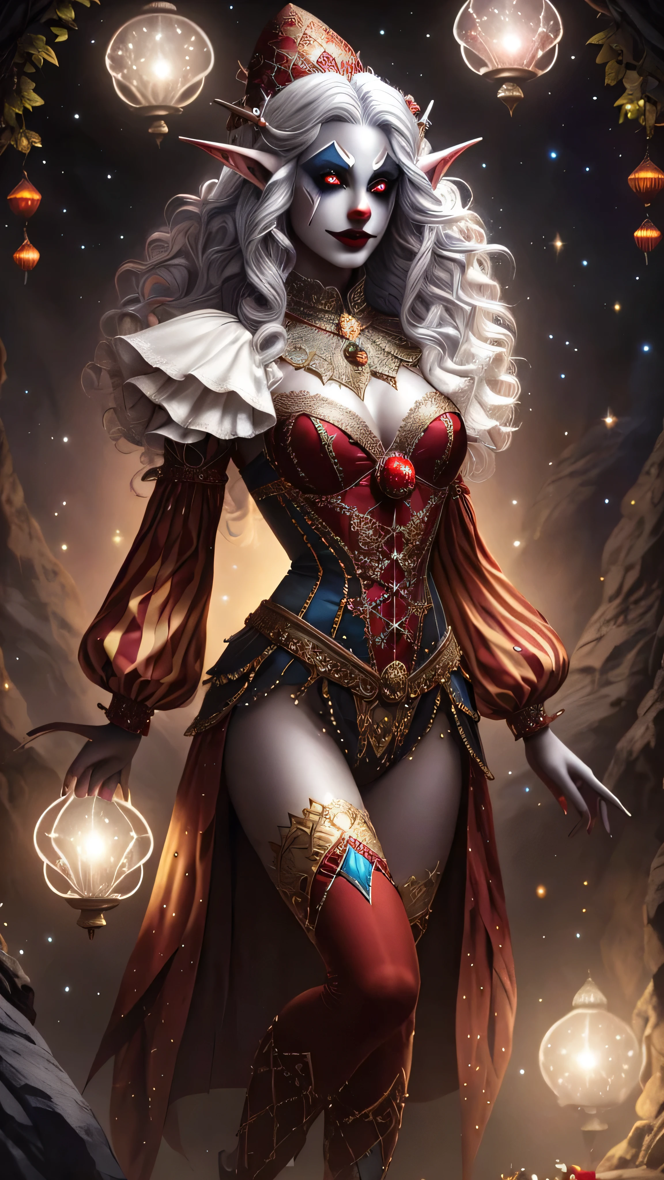 dark elf, drow, male, clown, pointed ears, gray body skin, white short curls hair, sharp piercing red eyes, red clown nose, vibrant makeup, stars swirling around eyes, colorful harlequin outfit, elven embroidery, shimmering accents, large floppy shoes, delicate ruffled collar, classic clown aesthetic, gloved hands, juggling balls, magical circus setting, fantastical circus tent, floating lanterns, cheerful mystical atmosphere, (insanely detailed, beautiful detailed face, masterpiece, best quality), cinematic lighting, solo, (full body view), front view, looking at viewer, intricate, high detail, sharp focus, dramatic, photorealistic painting art by greg rutkowski