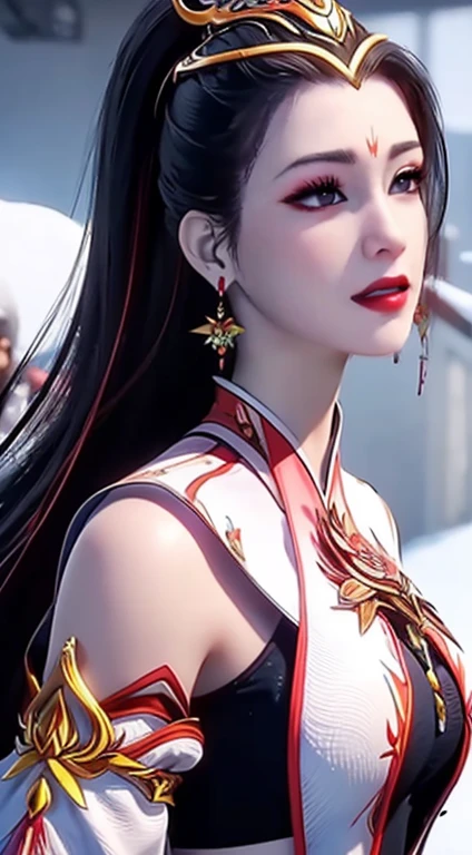 "1 beautiful girl wearing traditional costume, long thin red and white silk dress meticulously sewn, low-cut shirt, low slit, long black hair and bangs, most detailed and beautiful hair jewelry, mold most beautiful and flawless face, ((black eye pupils:0.8)), very beautiful eyes, big round eyes, ((brown eyes:1.1)), beautiful and detailed makeup eyelashes, nose tall, earrings, small red lips, rosy face, clean face, flawless beautiful face, smooth white skin, ((large breasts: 0.9)), Blums breasts, ((chest big and super round: 0.9)), ((super tight breasts: 1.2)), ((breast augmentation: 0.8)), beautiful breasts, slim and petite body, ((thin waist: 0, 9)), upper body of a beautiful girl, sexy girl, fishnet stockings color coordinated according to outfit, 8k photo, super high quality, surreal, 10x super pixels, realistic photo, dark studio, background bright, two-tone light, (high detail skin: 1.2), 8k uhd, soft light, high quality, volumetric light, realistic, High resolution photo, light, best photo, quality 4k, 8k, smooth and sharp, increased pixels by 10 times, super graphics, most realistic graphics, (((Snowfall background: 1.6))), 1 girl, alone, solo, ((portrait direct:1.2)), Extremely sharp, super realistic images."