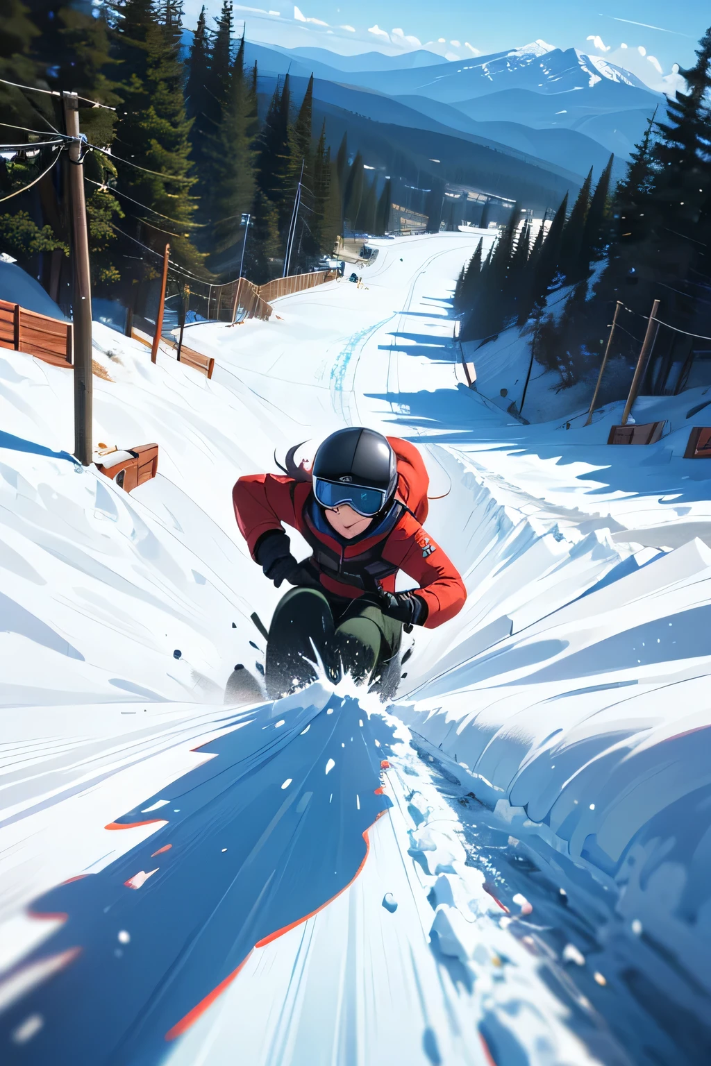 high resolution, super powerful, girl, snowy mountain, snowboarding, sense of speed, (first person view:1.5)