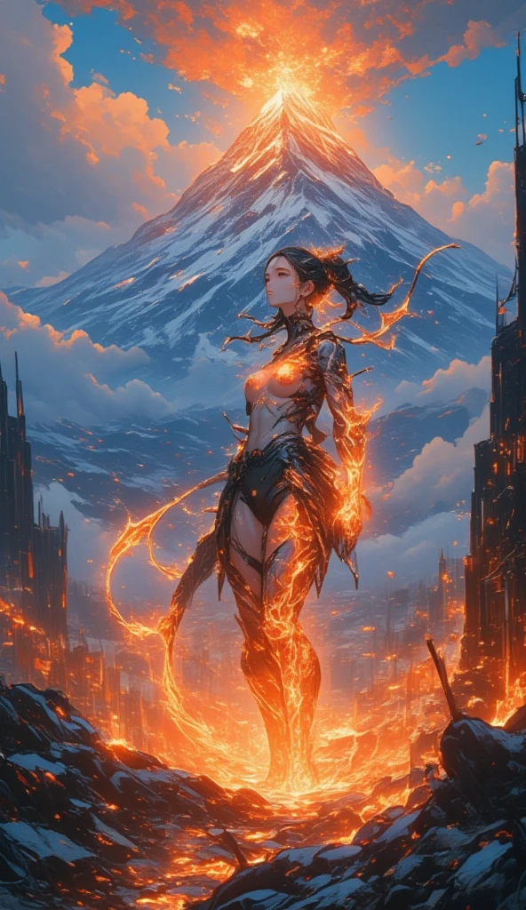 The main character Volcanic Eruption 、 beautiful female salamander、 Salamander standing in a crater looking down 、 Salamander wearing flames looking down、 very beautiful woman 、grin、眼下を見下ろす、 A very high mountain erupts、